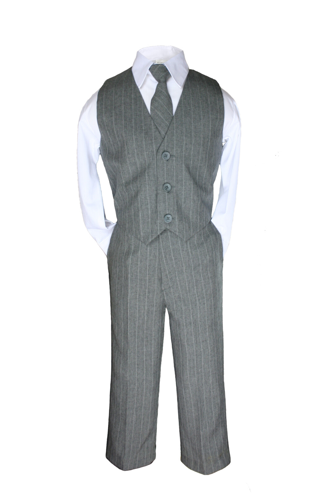 New Baby Toddler Boy Teen 4 PC Vest Pants Set Pinstripe Formal Suit Gray sz S-14
