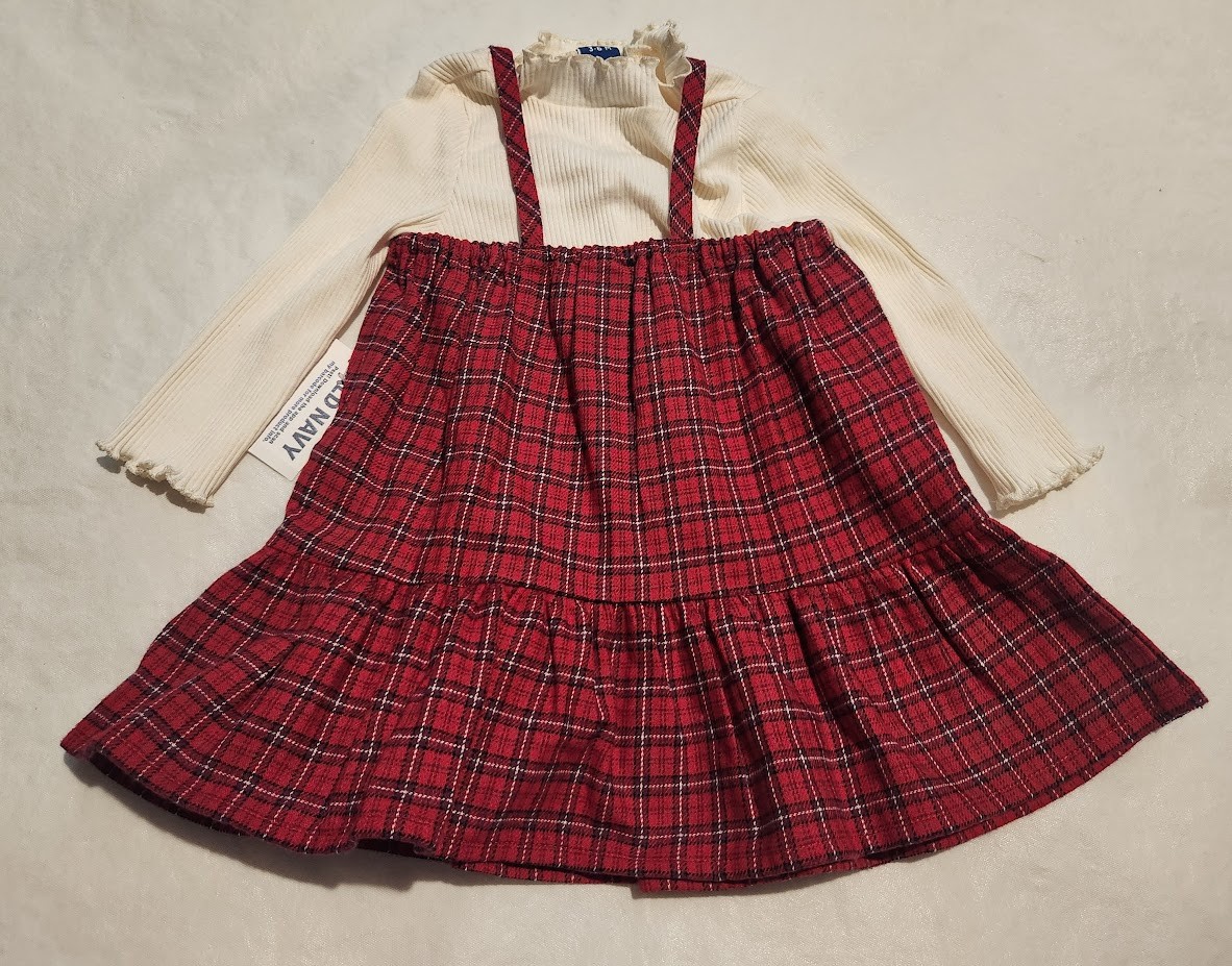NWT Old Navy Rib Knit Top Plaid Flannel Jumper Dress Outfit 2PC Set Baby Girl