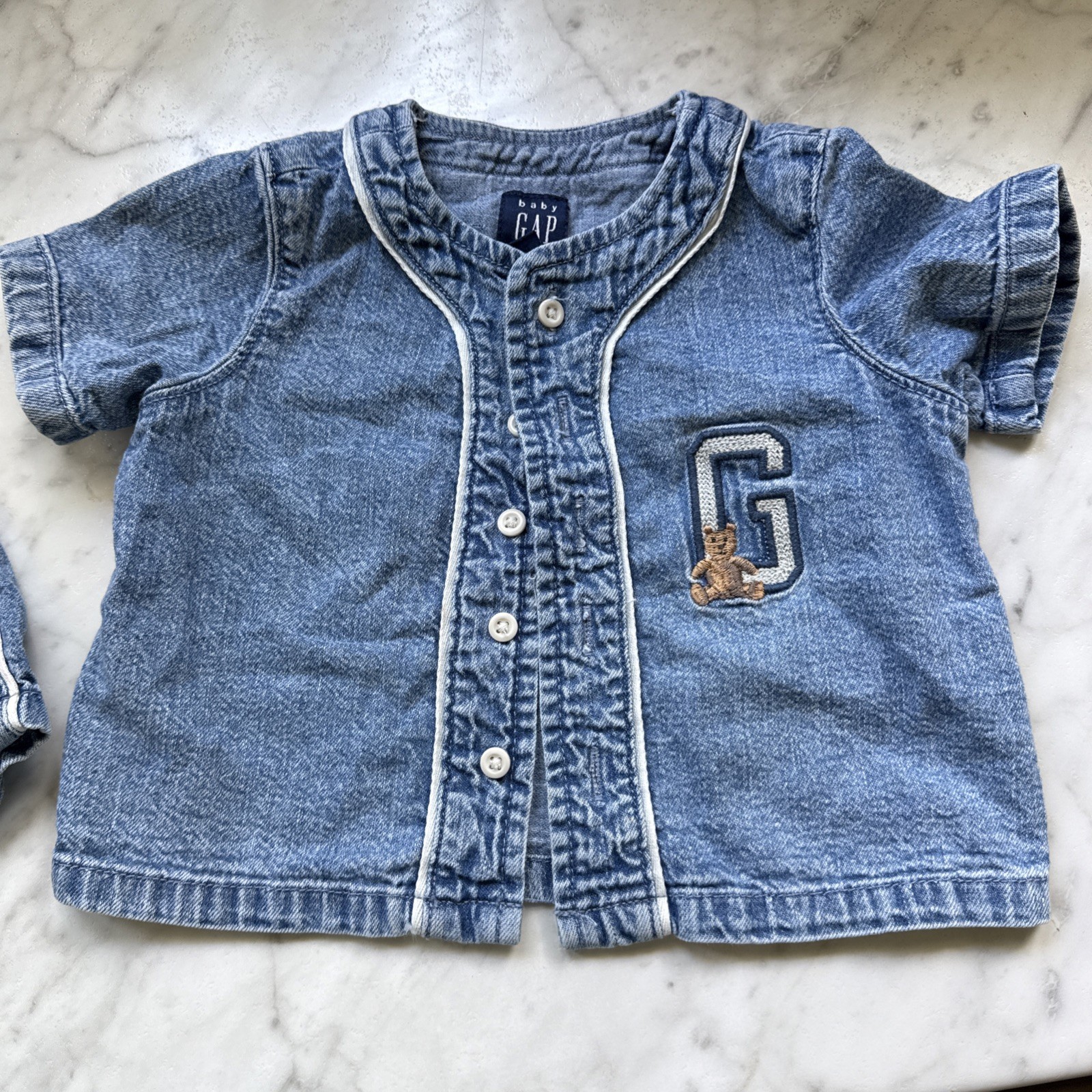 VTG Gap 3-6 Month Jean Shirt and Shorts Set Outfit Baby Boy Girl Blue Denim Bear