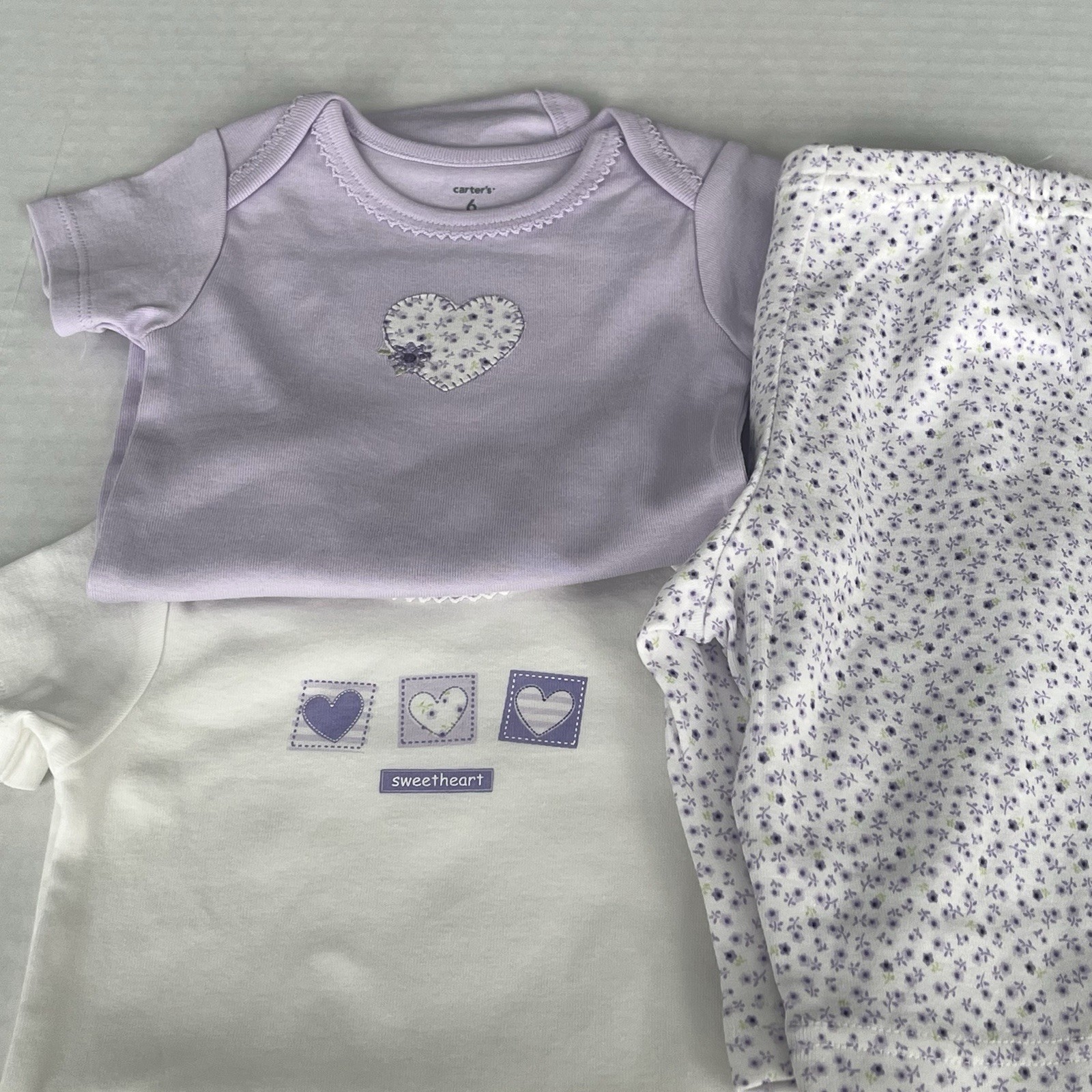 Carter’s Baby Girls Mixed Lot of Rompers & 3-Piece Purple Flower Outfit Size 6M