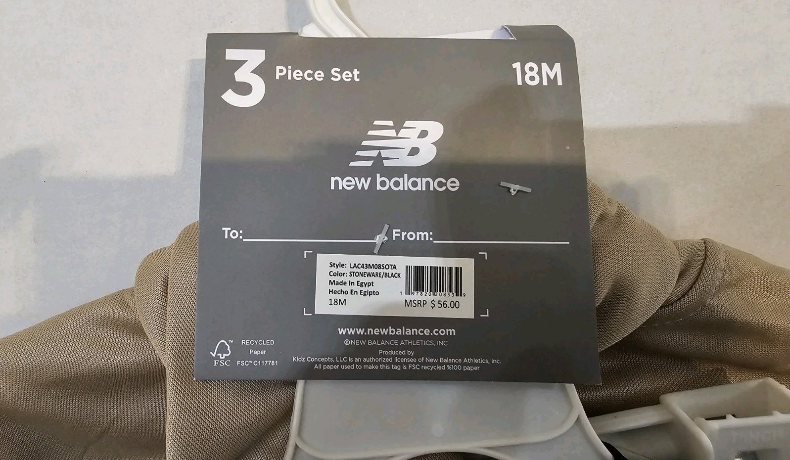 New Balance 3Pc Fleece Hoodie, T-Shirt & Jogger Set, Tan/Black, NWT~ 18 Months