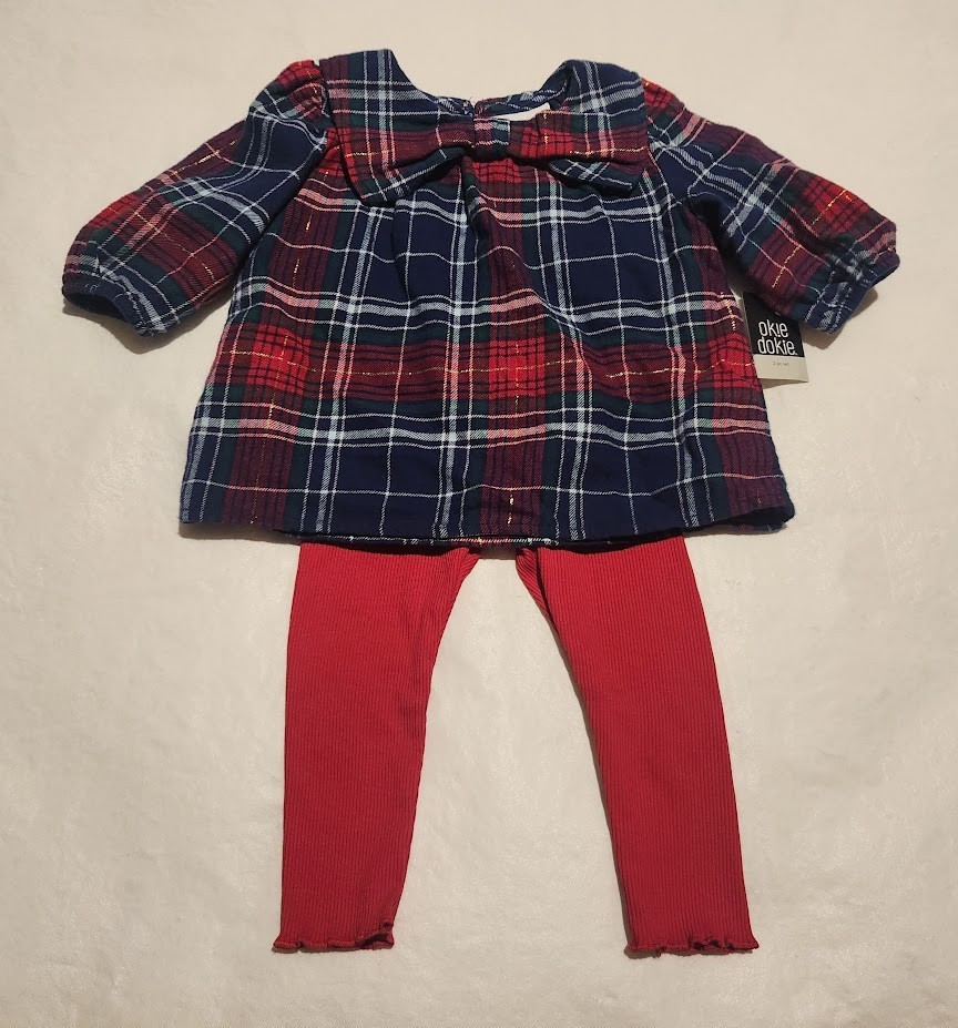 NWT Okie Dokie Plaid Flannel Top Leggings Outfit 2PC Set 24 Months Baby Girl