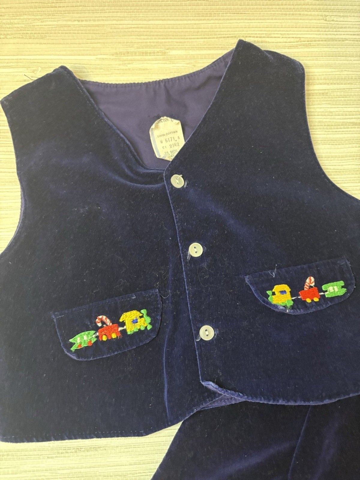 Vintage Velour 24 Months Holiday Train Navy Vest And Pants Set