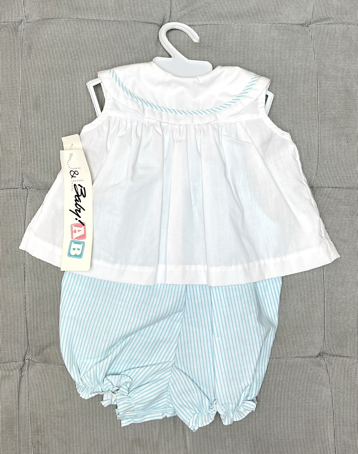 J&L Baby NEW Two Piece Unisex Romper Set Blue White Beach Theme Sz 6-9 Months