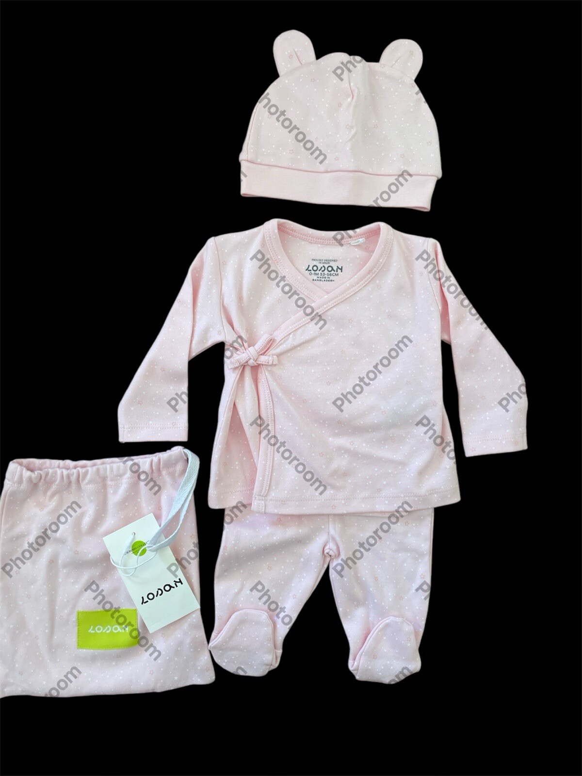 Losan (Spain) NWT Pink 100% Cotton knit Kimono Top, Footie Pants & Hat-Newborn