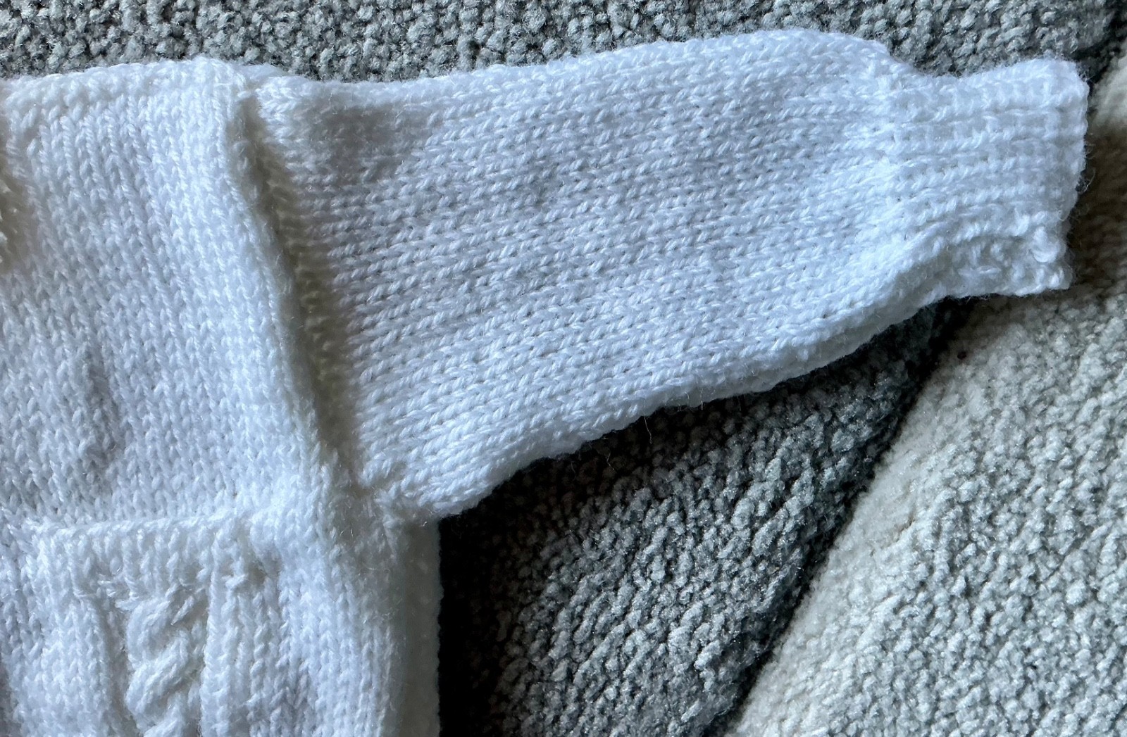 HAND KNITTED BY ME – FIRST JUMPER ~ WHITE ACRYLIC ~ LENGTH 9” ~ CHEST 18” ~NEW
