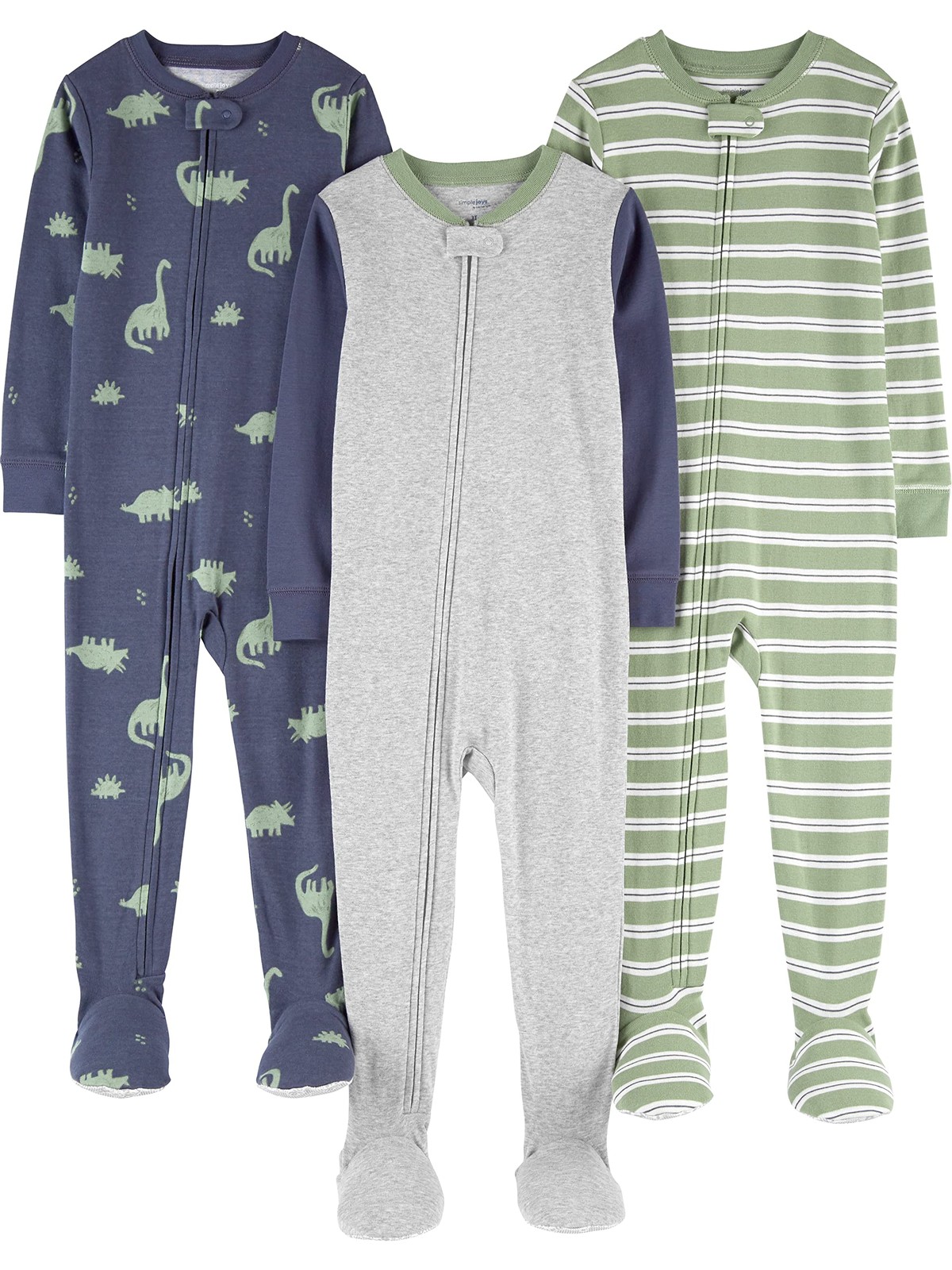 Baby and Little Boys’ 3-Pack Snug-Fit Footed Pajamas, Olive Dinos, 12 Months