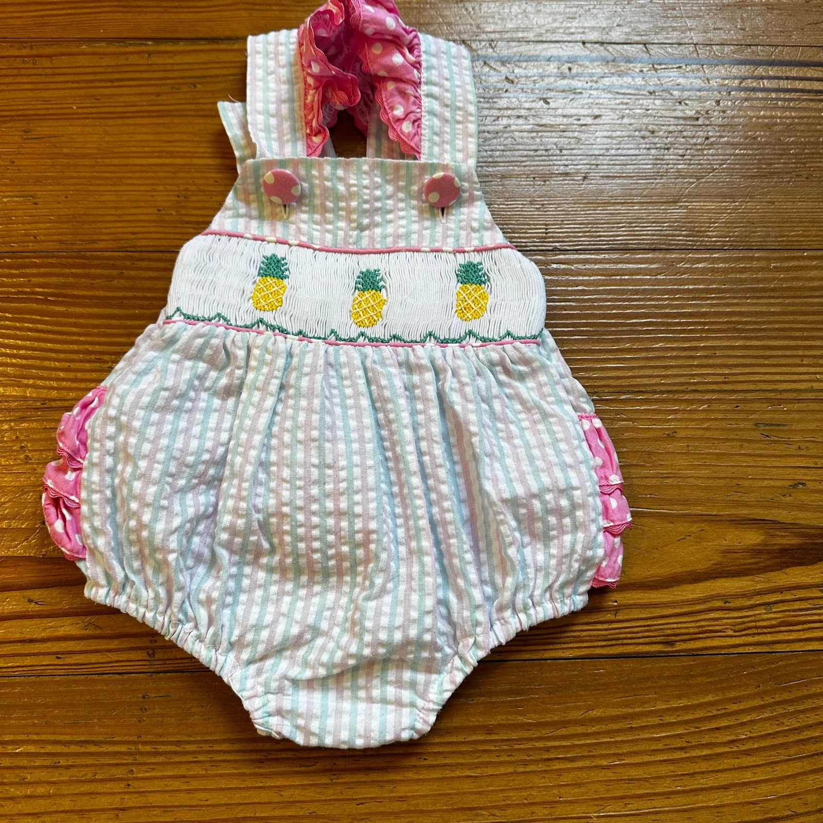 Smocking PolkaDot pink blue pastel pineapple ruffle smocked one piece SIZE 3M