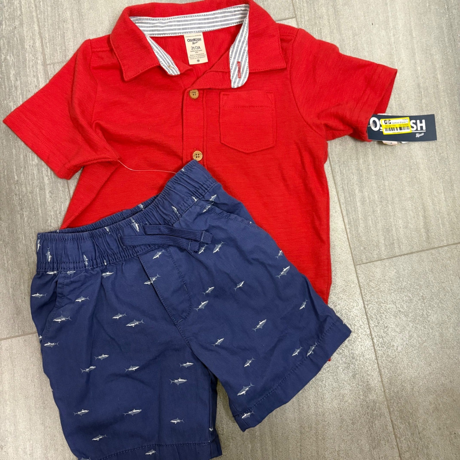 OshKosh B’gosh Toddler Boys 2T Red Polo Shirt and Navy Shark Print Shorts Set