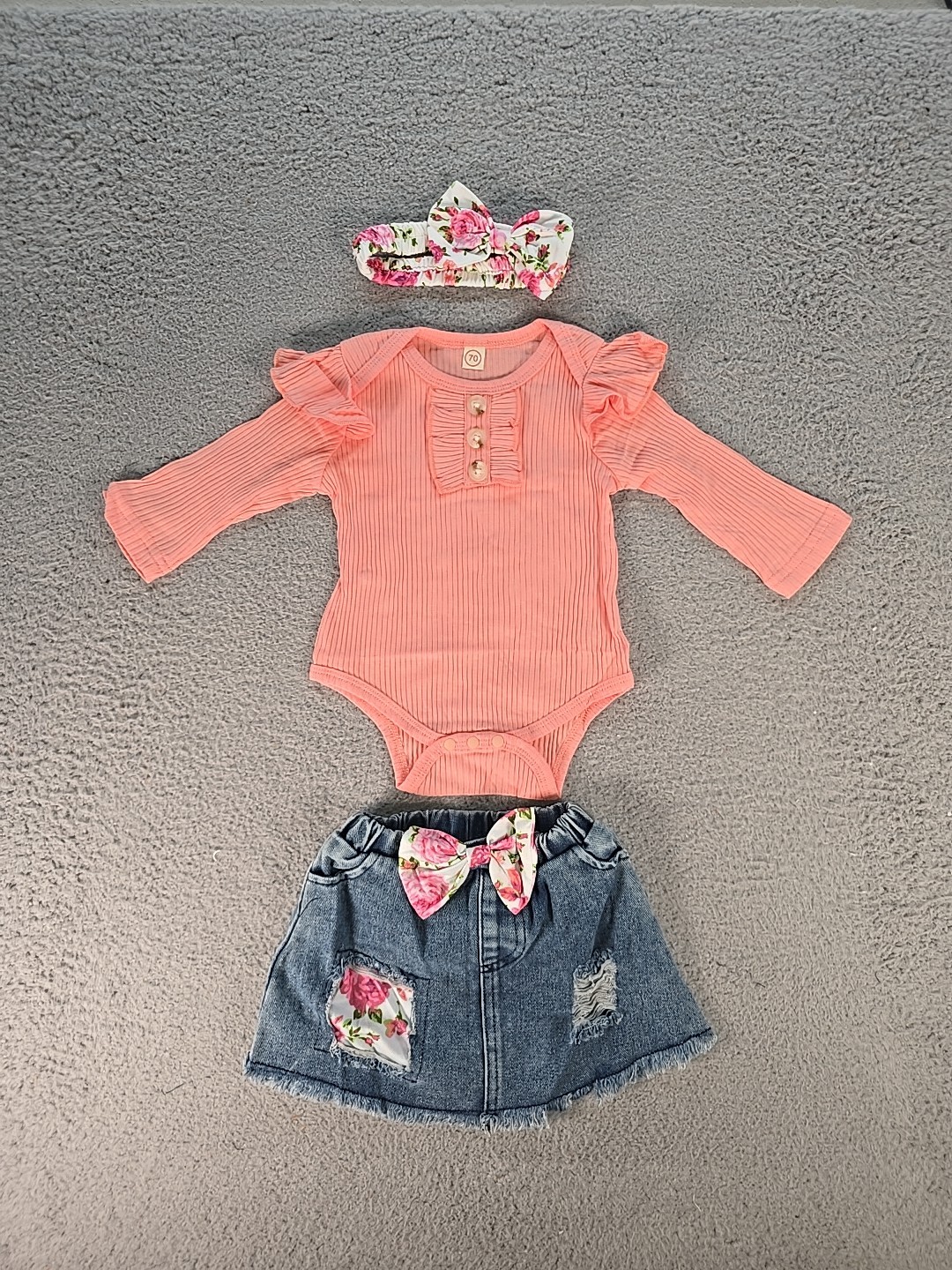 Baby Girl Peach/Pink Top WithDenim Skirt and Headband Size (70) 6-12 months