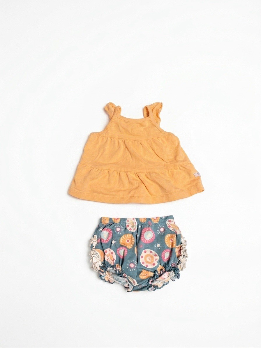 RuffleButts Baby Girl 6-12M Marigold Tank Top & Floral Bloomers 2pc Set Outfit