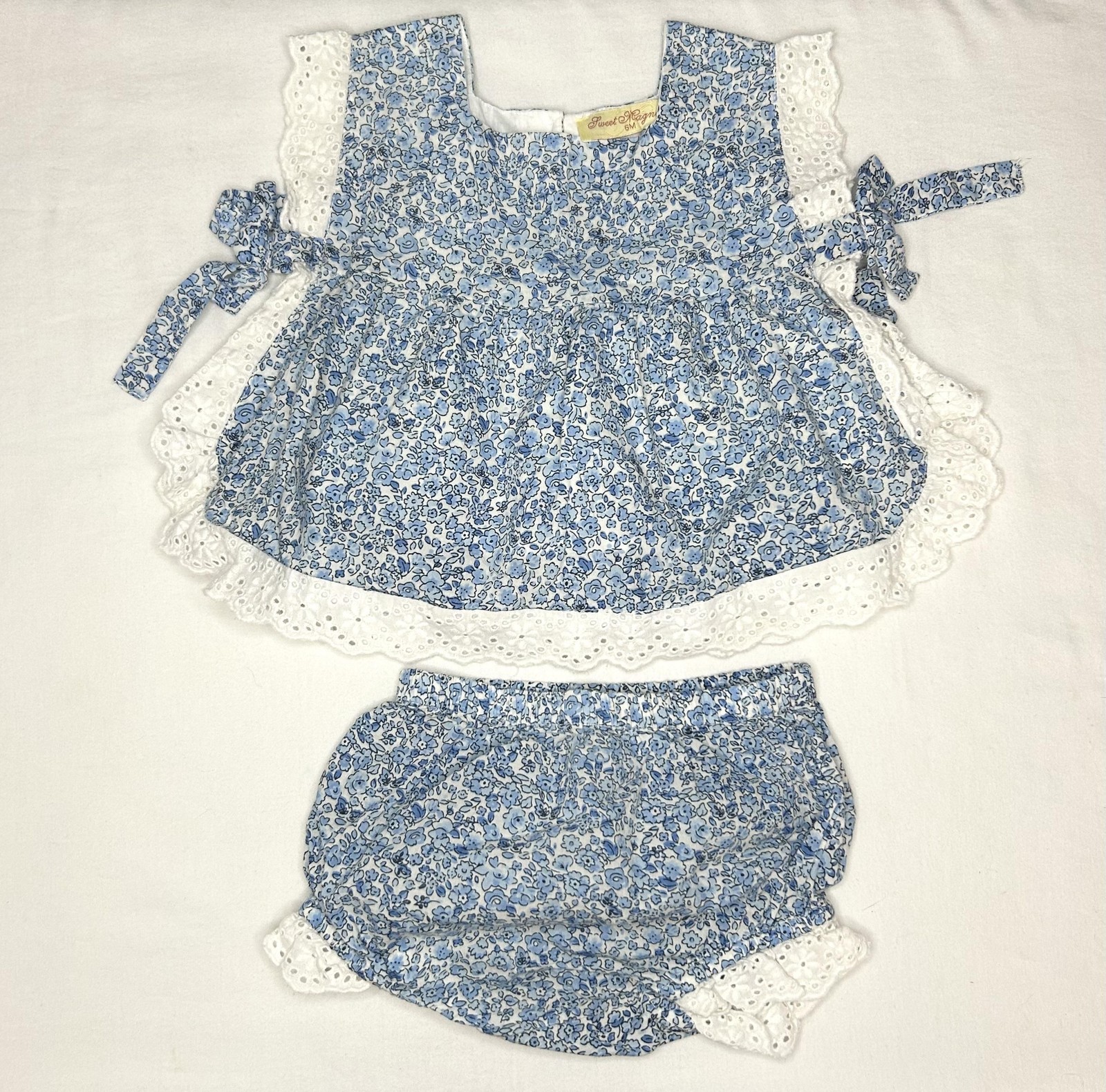 Sweet Magnolia Dress Set Baby Girls 3-6M Blue Floral Cotton Lace Eyelet Bloomers