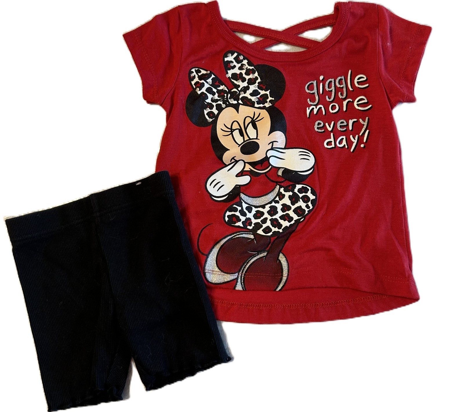 2T 3T toddler girls MINNIE MOUSE Red Black Leopard Print Shirt & Shorts Outfit