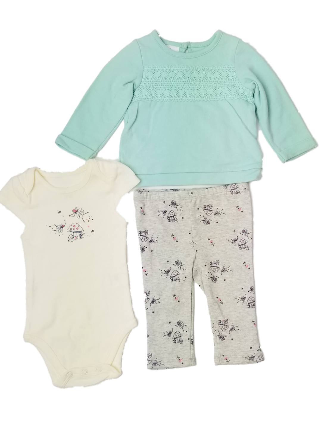 Infant Girls Baby Mint Shirt Mushroom Fairy Body Suit & Pant Outfit Set 6-9M