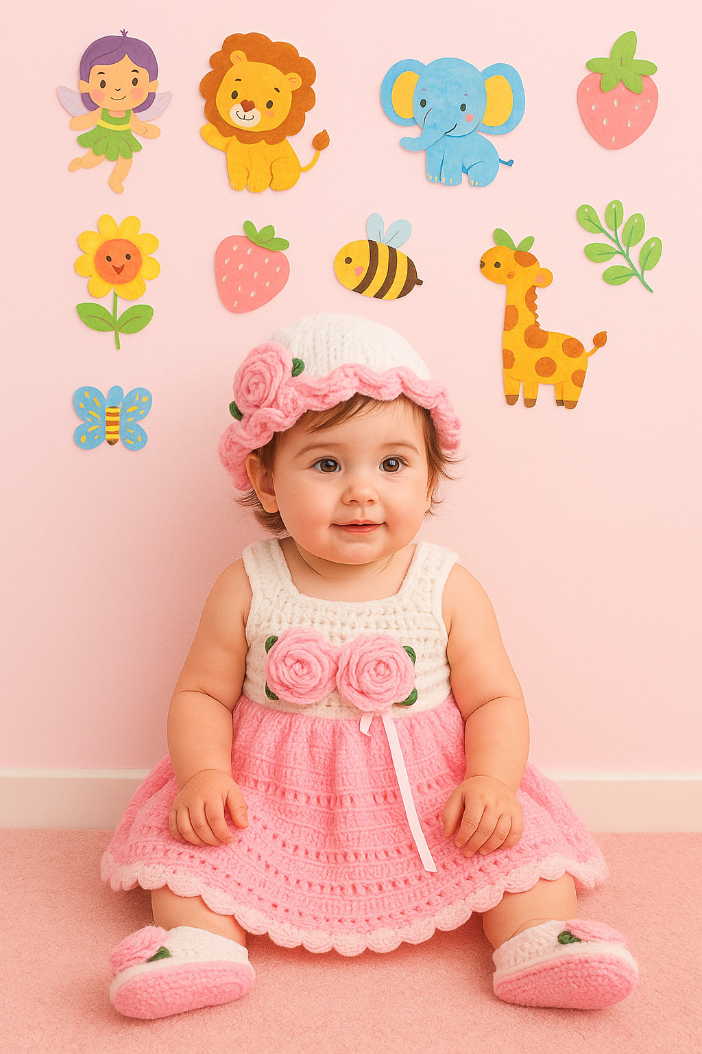 Handmade Crochet Baby Girl Dress Set Pink Frock Hat Shoes Headband Gift pink