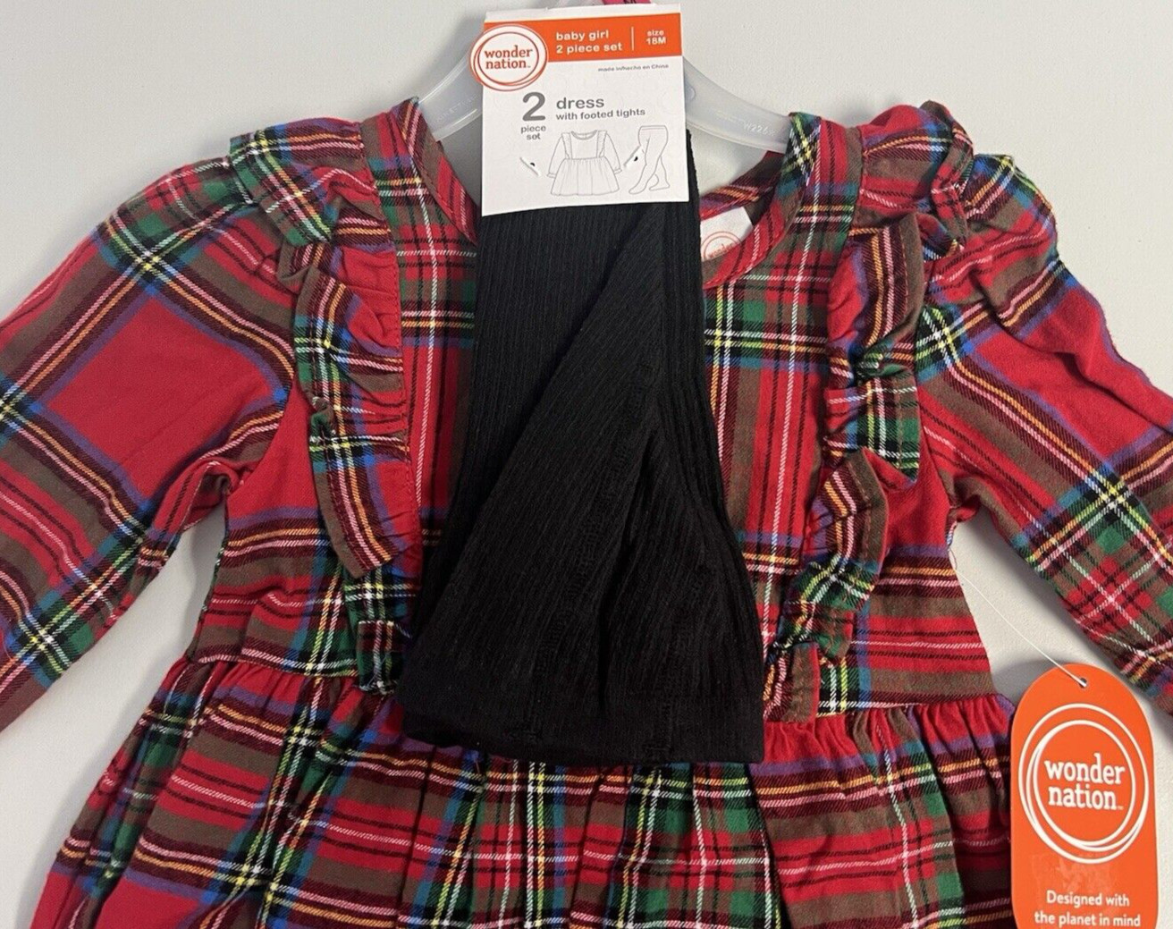 Girls Size 24M 2-Piece Red Plaid Dress & Black Footed Tights Set Outfit