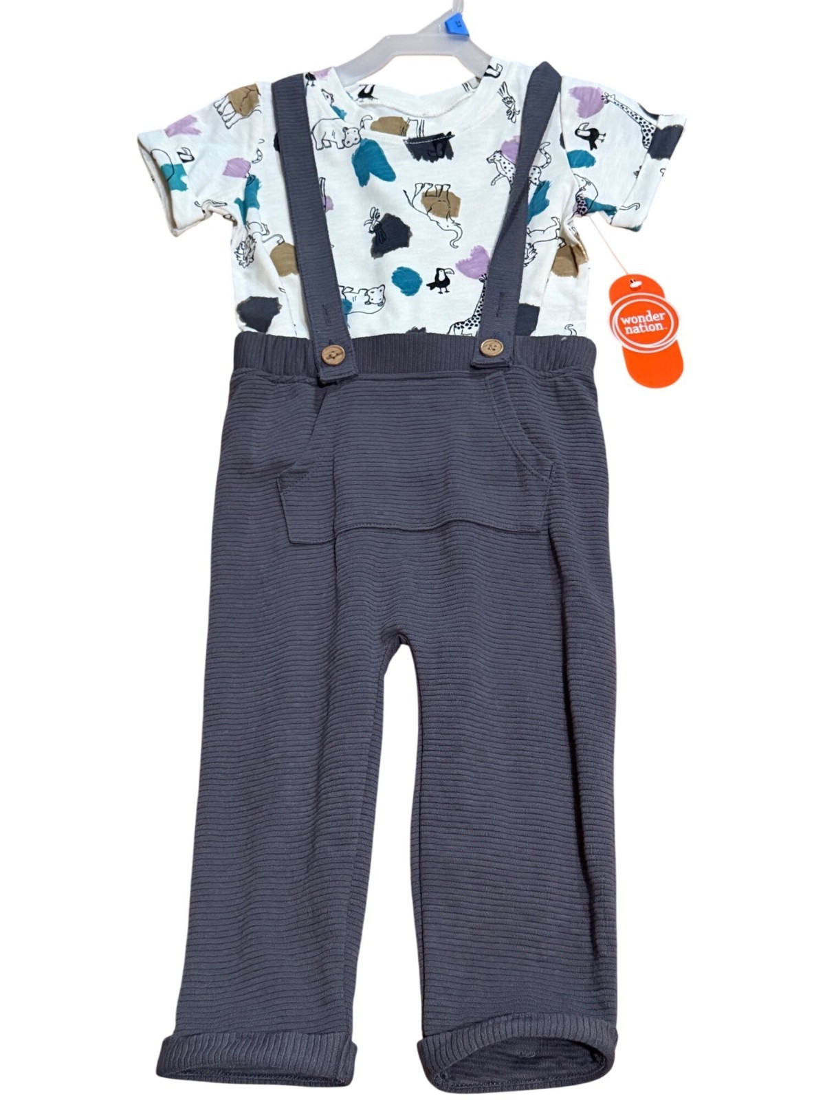 NWT Wonder Nation Baby Boys 24M 2Pcs Outfit Animal AOP Shirt & Suspender Pants