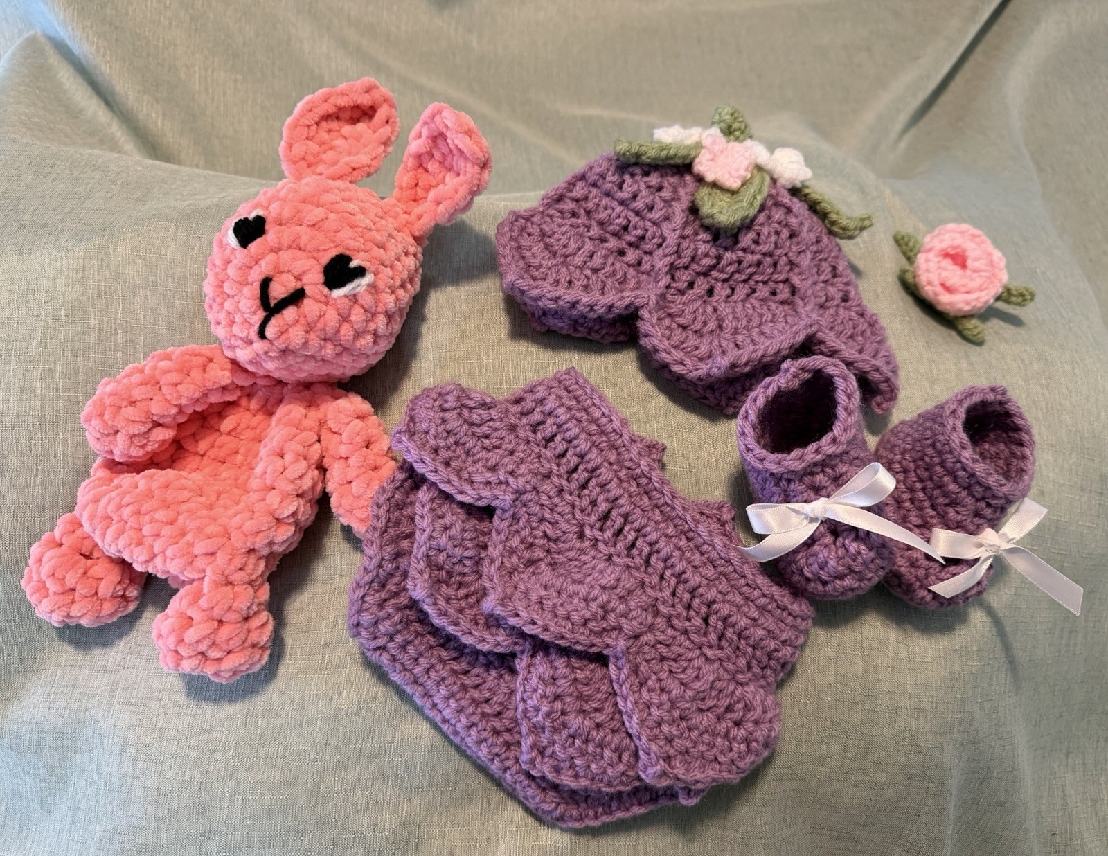 Handmade Crochet pink bunny snuggler with newborn fairy diaper cover outfit set