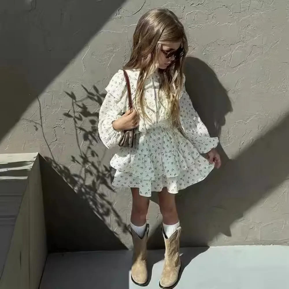 New Girl’s Dress Autumn Floral Lace Shirt+Cake Skirt Two-piece Set
