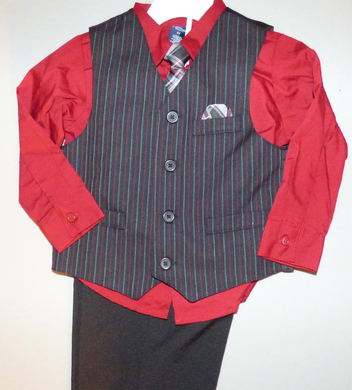 JONATHAN STRONG Toddler Boy 4T Black & Garnet Pinstripe 4-Pc Vest & Pant Set NWT
