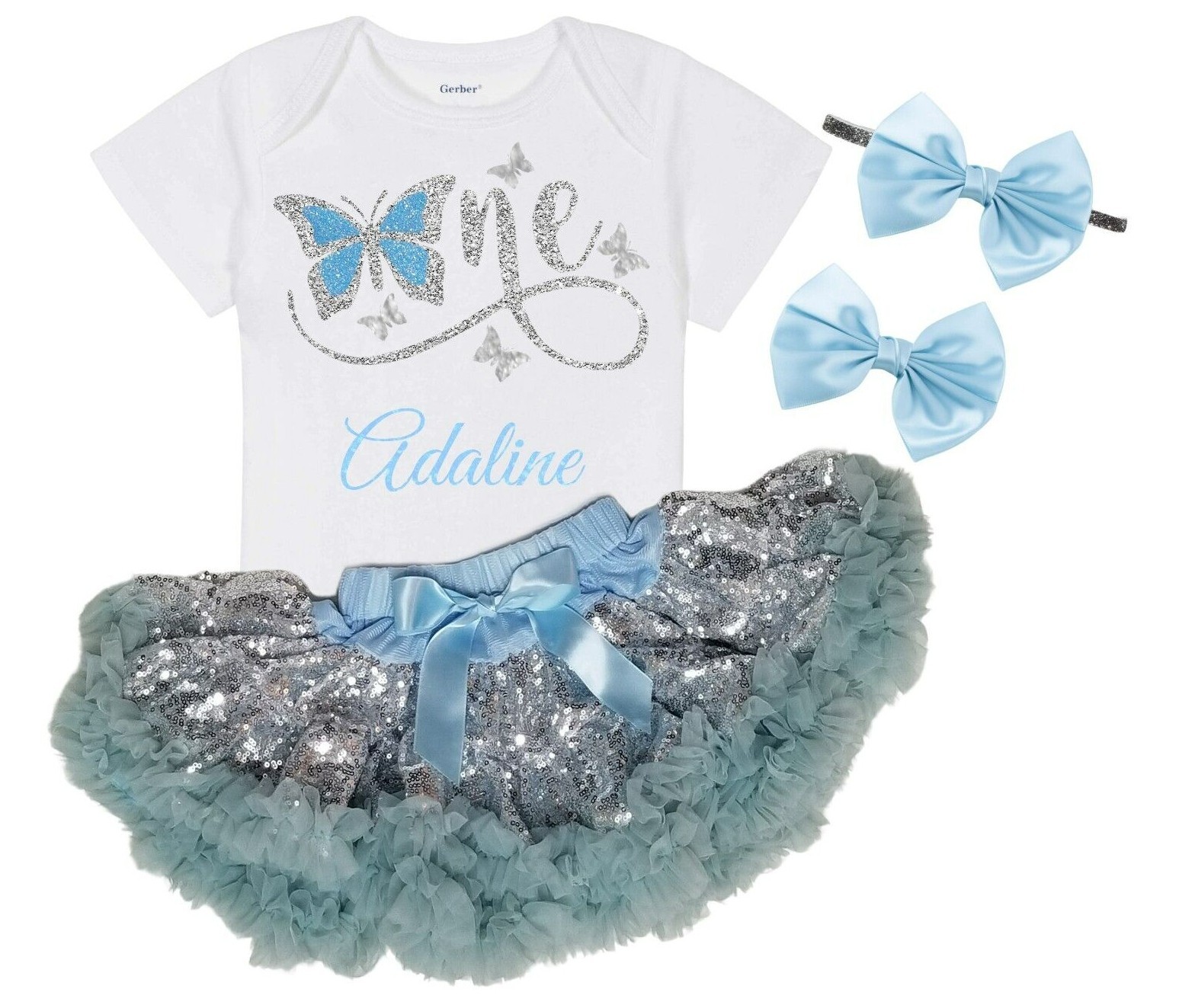 1st BIRTHDAY BUTTERFLY PERSONALIZED OUTFIT – BLUE SILVER – BUTTERFLY BIRTHDAY