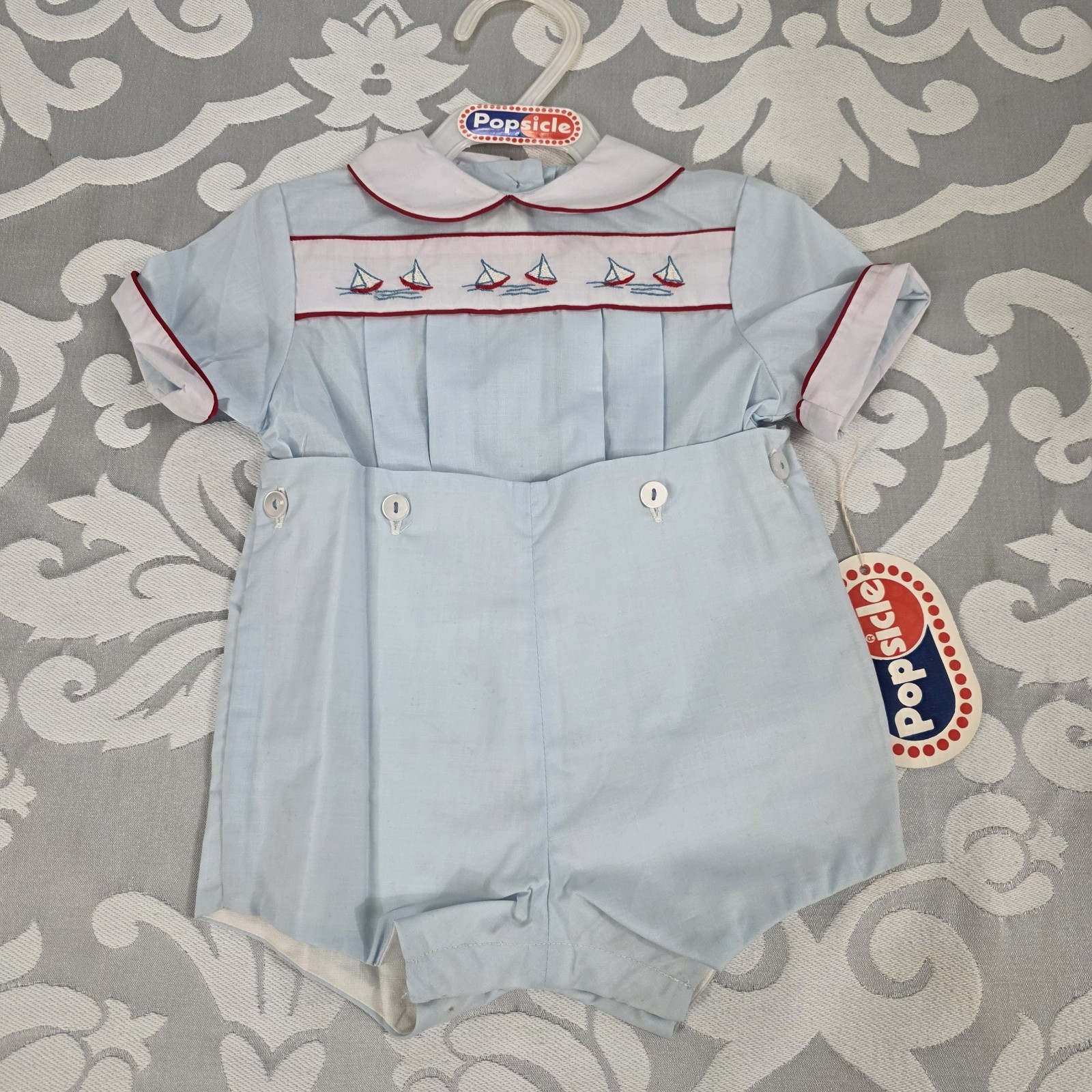 Vtg Popsicle Baby Boy Blue Romper Nautical Sailboat Heirloom Bobby Suit 12M NWT
