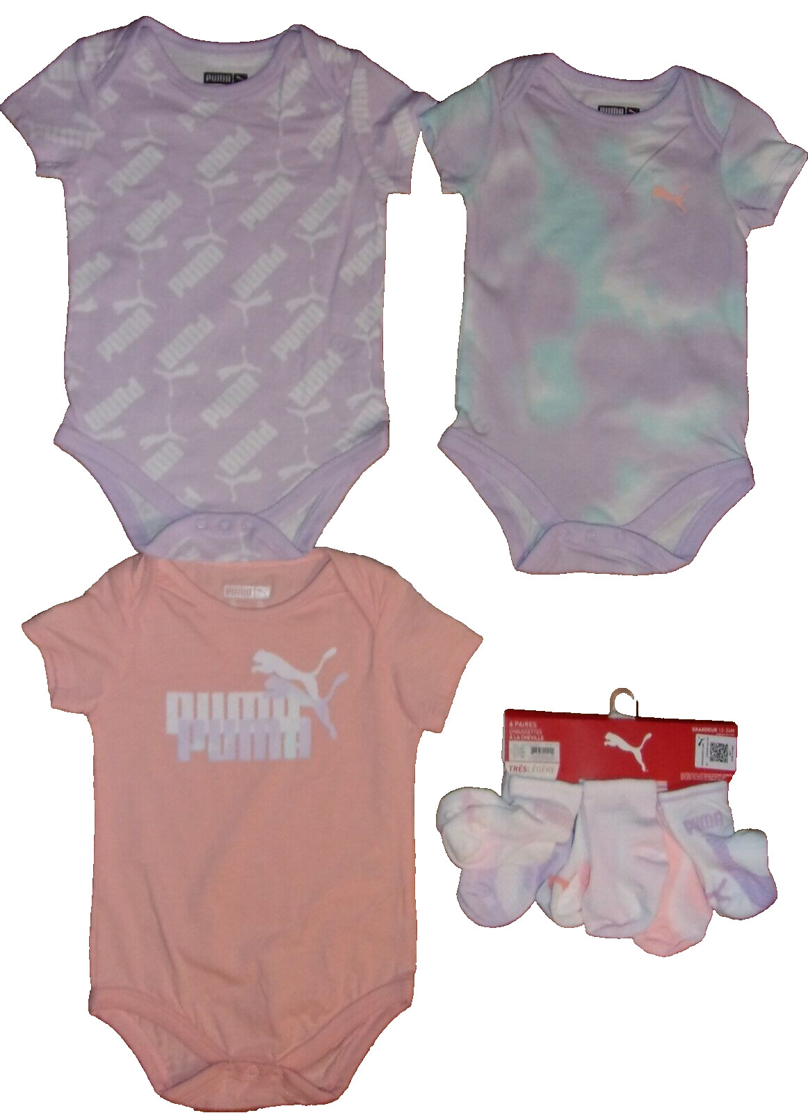 PUMA Infant 3 One-Piece Outfits 12 Months & PUMA Socks (12-24 Months) NWT $45