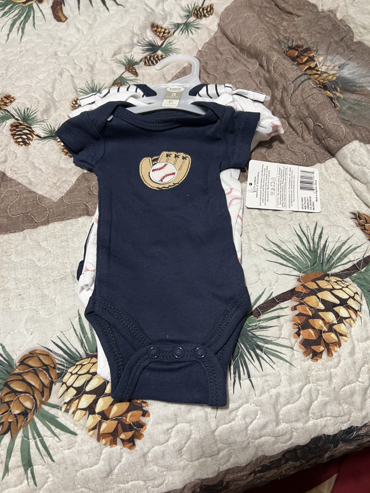 3 Lovable Friends bodysuits and 2 Child of Mine pants for premie boys
