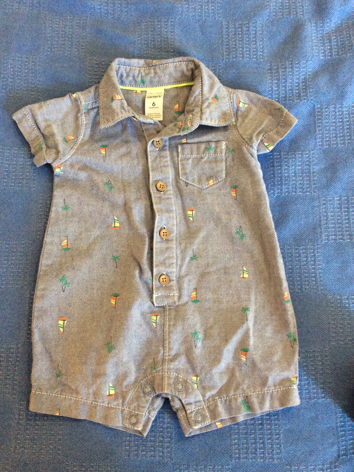 Carter’s 6 Month Blue Boys Shortall With Sailboats And Palm Trees