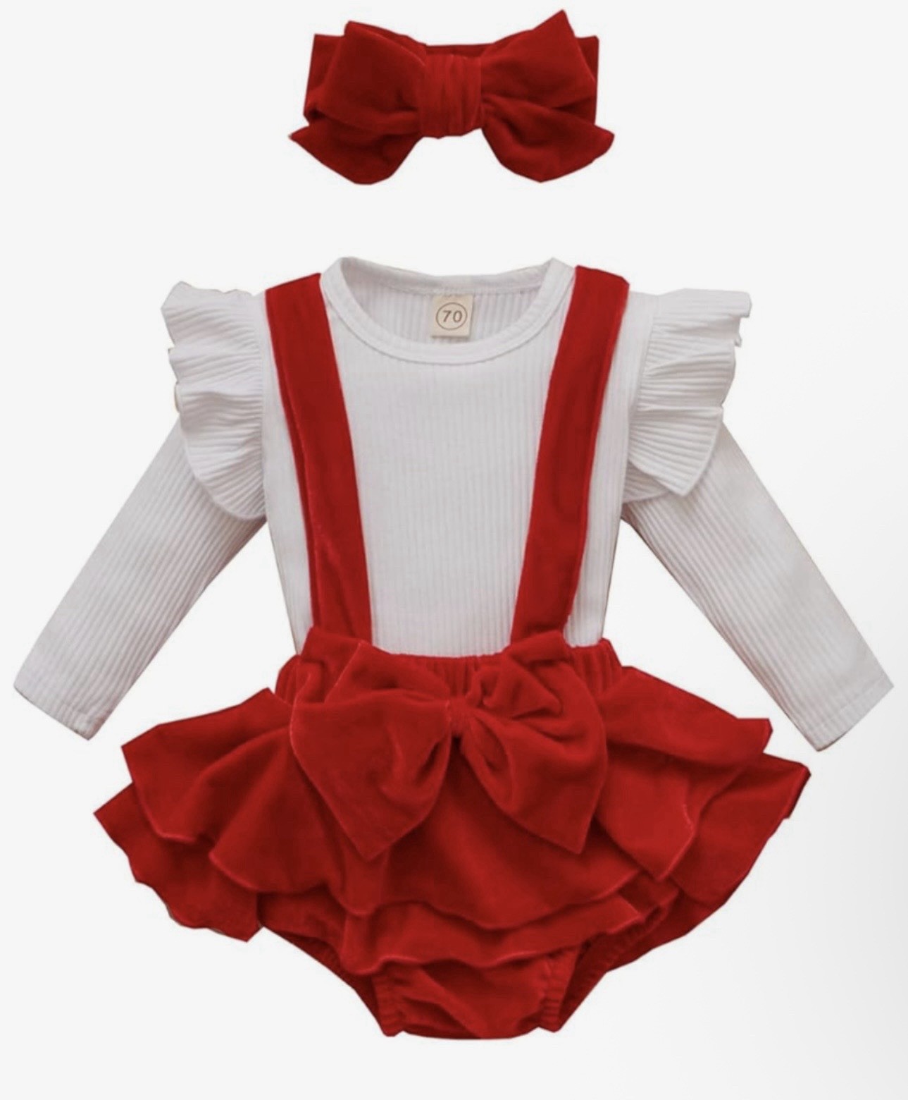 Baby Red Ribbed Romper Set with Bow, Ruffle Accents & Headband