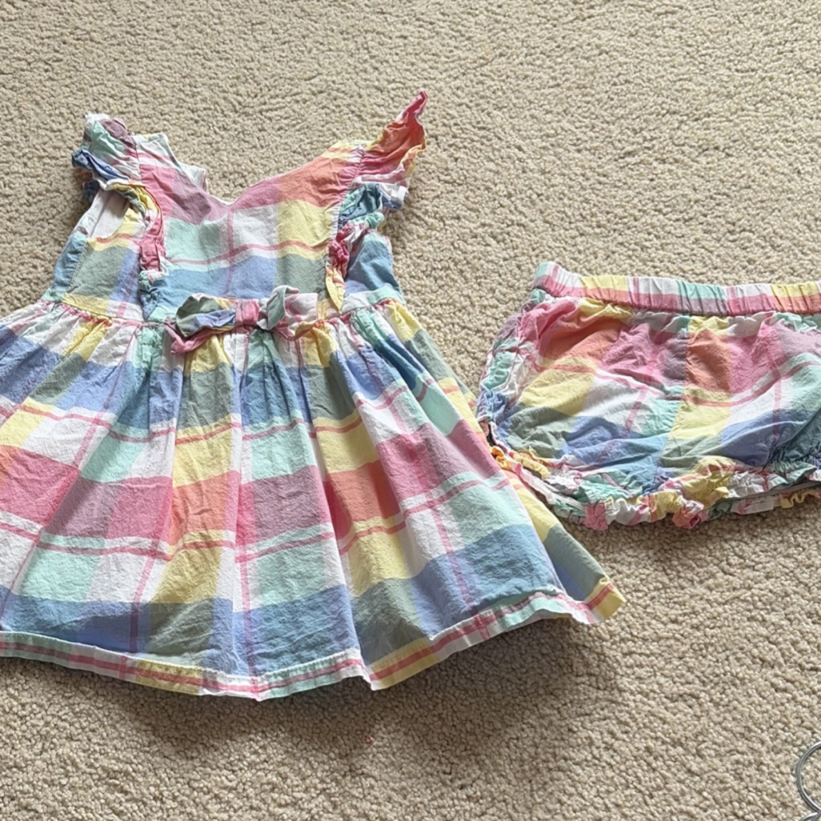 Girls Multicolor Plaid 2-Piece Dress & Bloomer Set Sleeveless Bow Ruffle