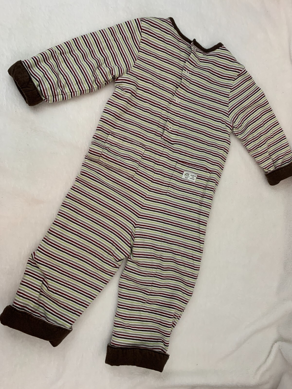 JANIE and JACK – Brown Stripe Owl on Skis Thermal One Piece Coveralls 12-18 Mos