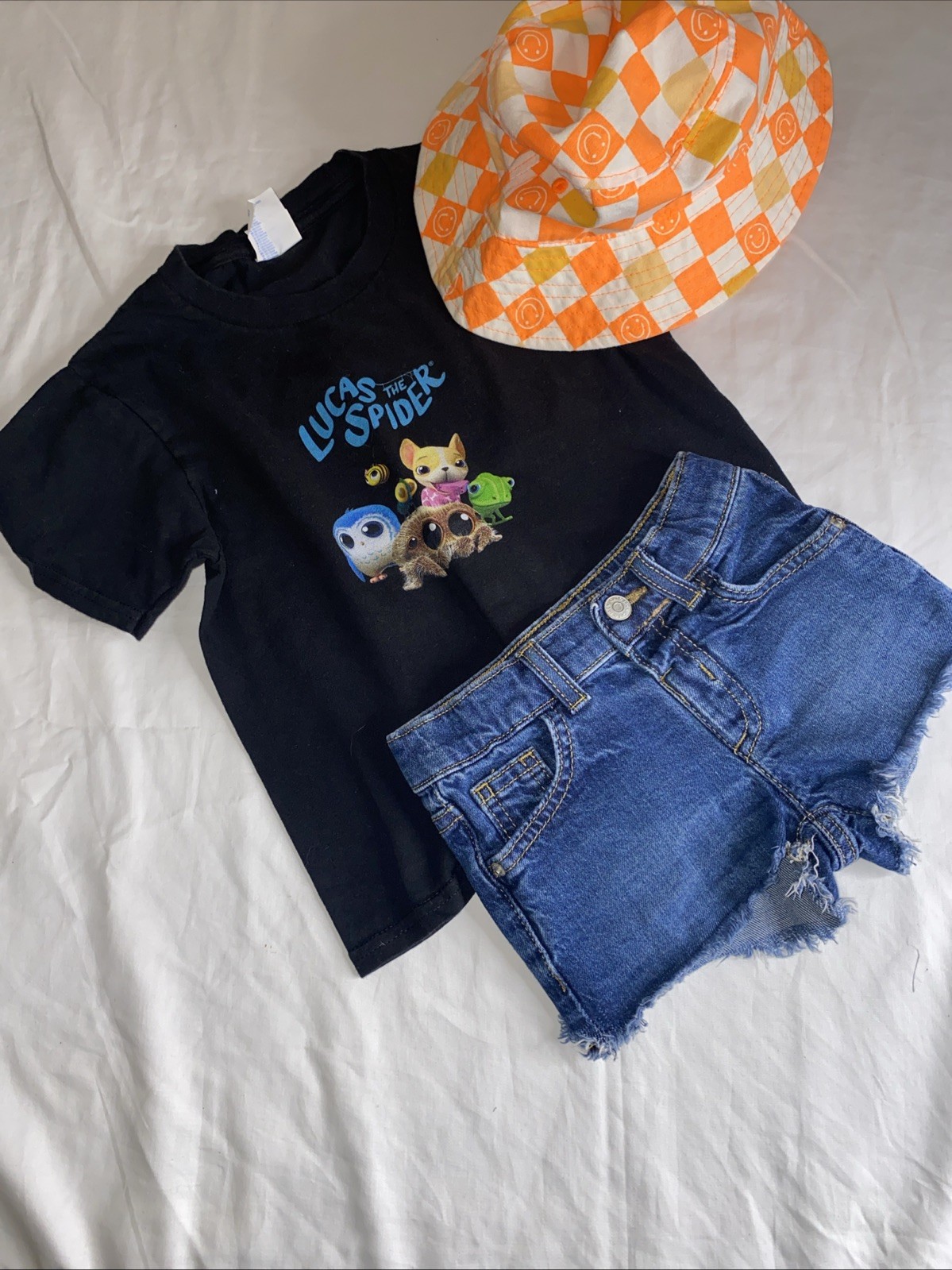 Toddler Outfit 4T Lucas The Spider Shirt CatJack Denim Shorts Smiley Bucket Hat