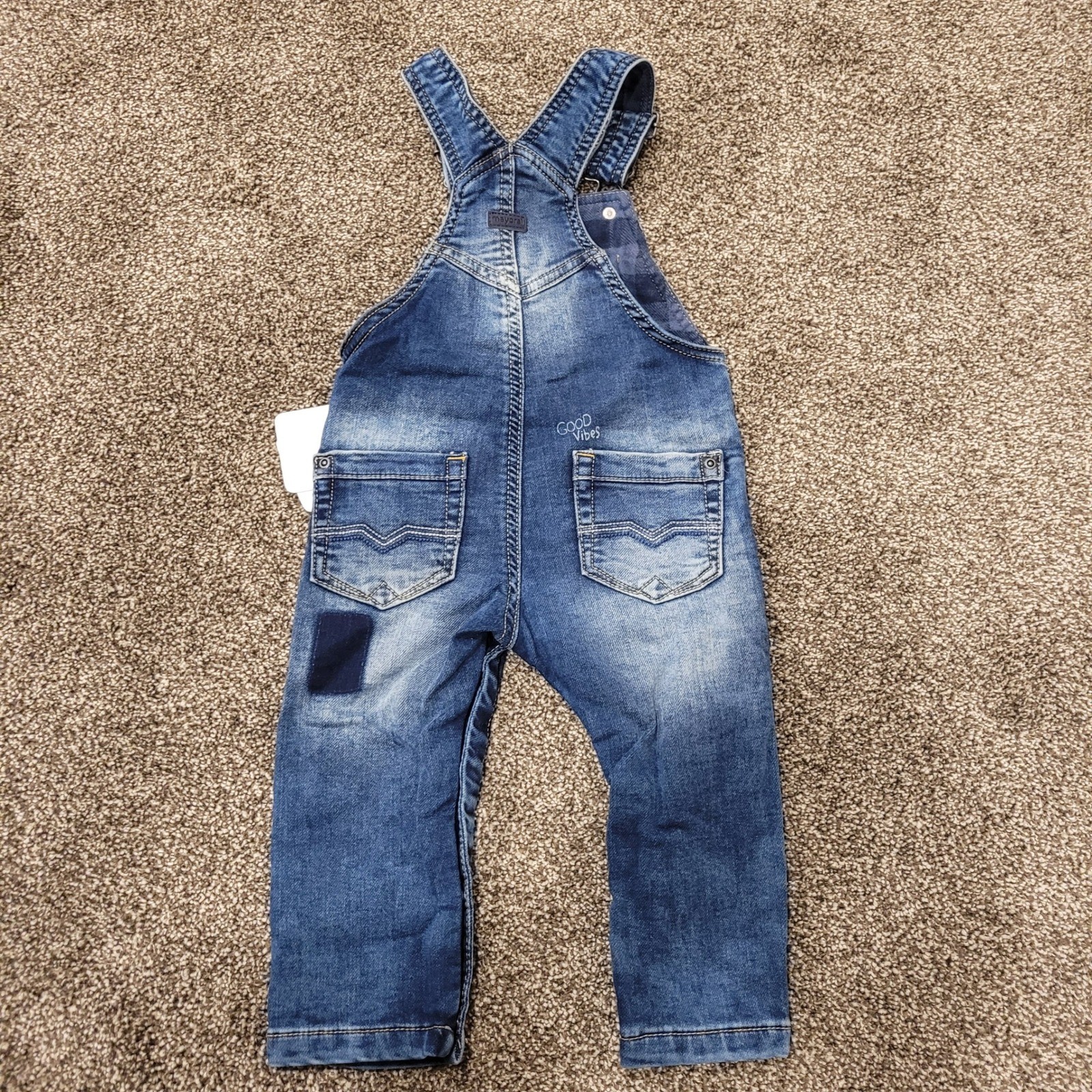 Mayoral Baby Denim Overalls Graphic Print Adjustable Straps Size 9 Months NWT