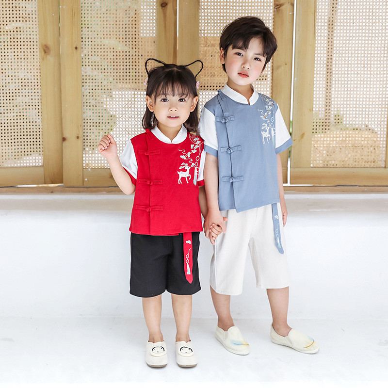 Kids Boys Girls Chinese Tang Suit Embroidery Hanfu Clothes Cotton Shorts T-shirt