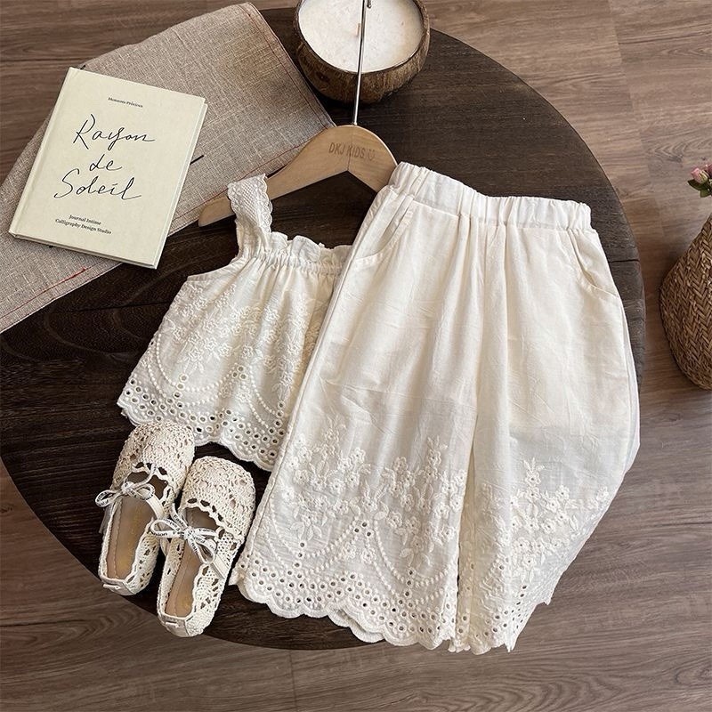 Toddler Girl Korean Style Outfit 3T Cotton Lace Top Wide Leg Pants Set