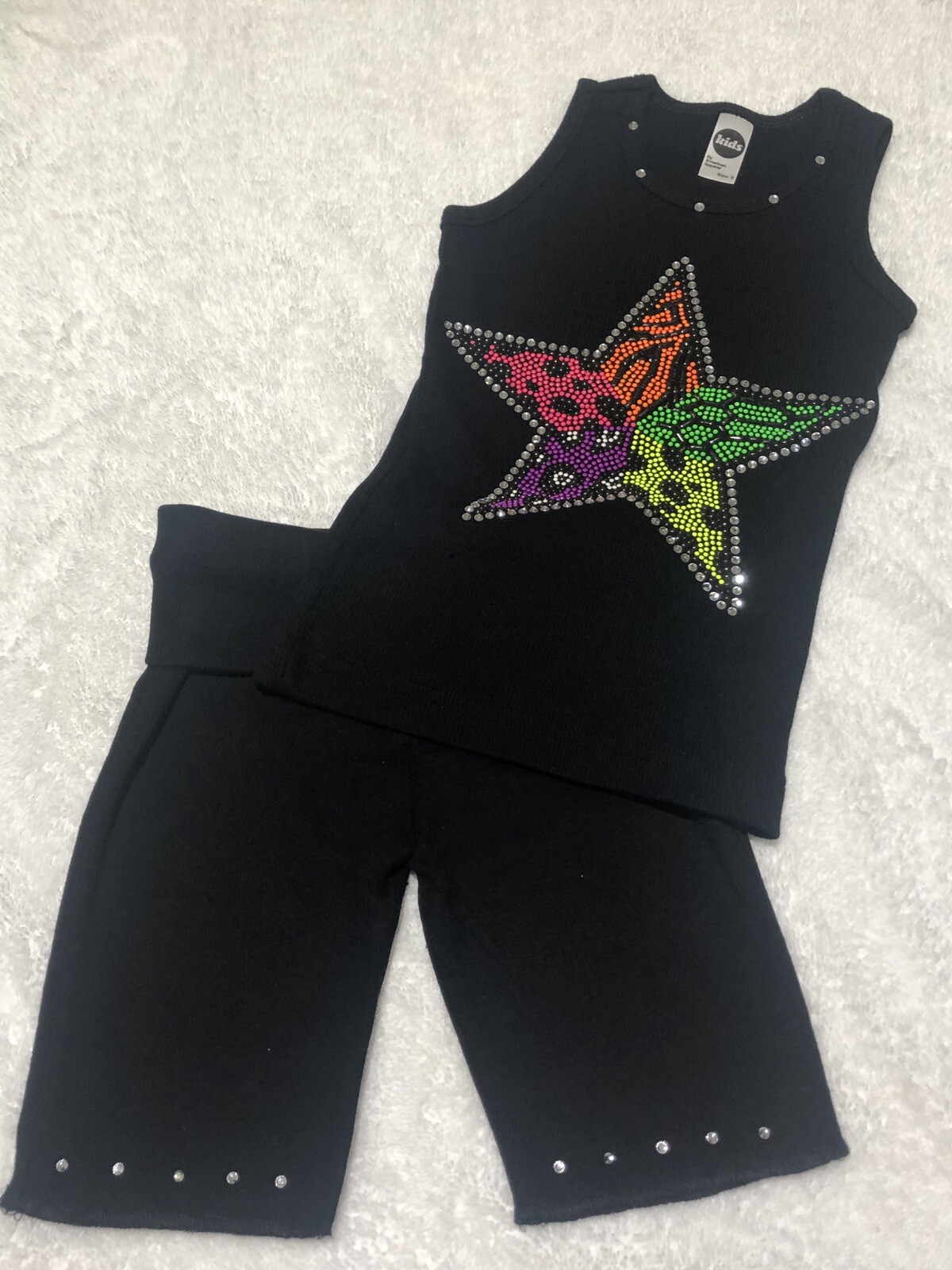 $72 NWT 2 PC TANK & ROLLOVER SHORT SET W/ STUDDED/ CRYSTAL NEON STAR SZ 2