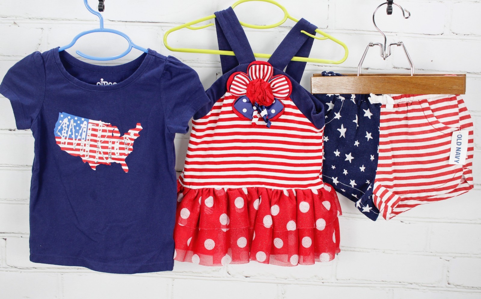 American Flag Outfit Lot T-Shirt + Dress + Shorts Toddler Girls 2T Patriotic