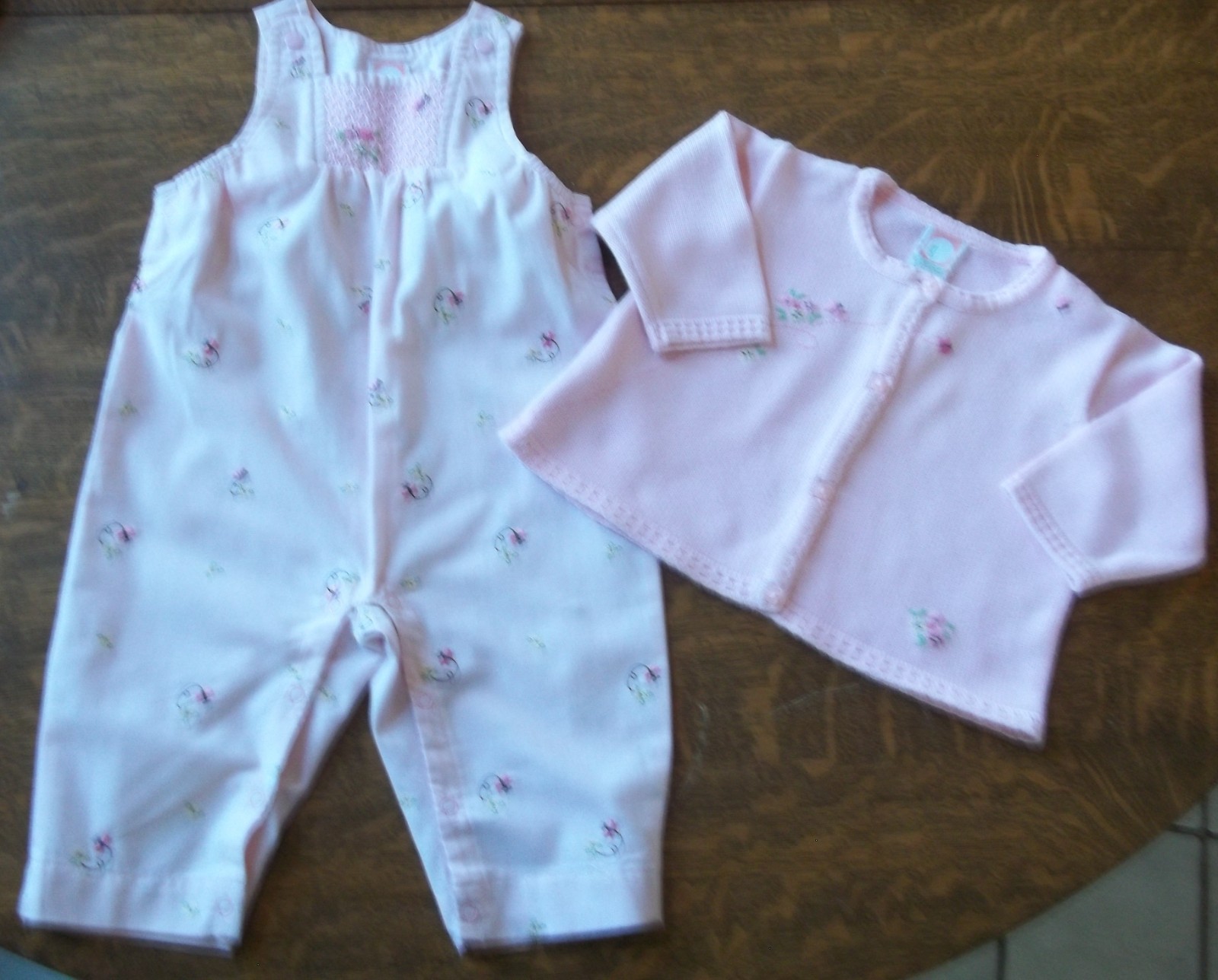 Vtg Gymboree 02 Lil Butterfly pink smocked overalls romper cardigan sweater 3-6
