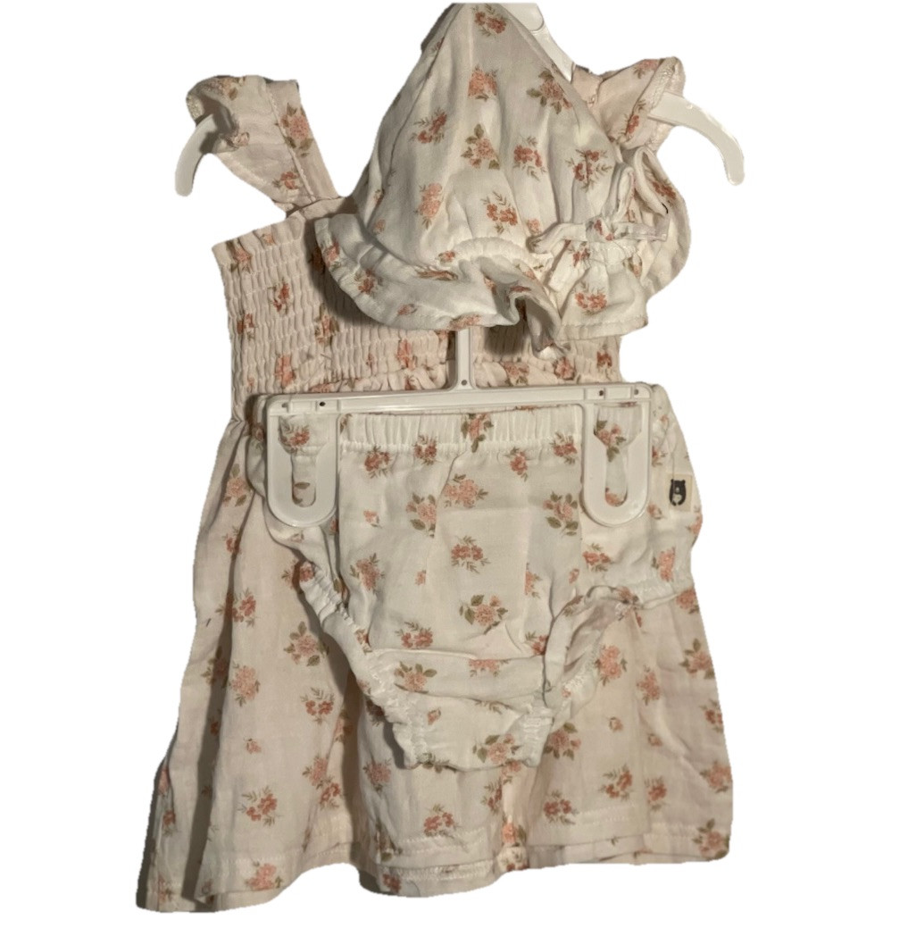 Rabbit Bear Organic Cotton 3 PC Floral Size 18 Month Dress Hat Bloomer Set New