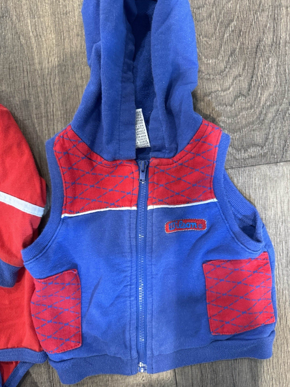 Vintage Wilson 3 piece red blue geometric bodysuit pants hooded vest set 3-6m