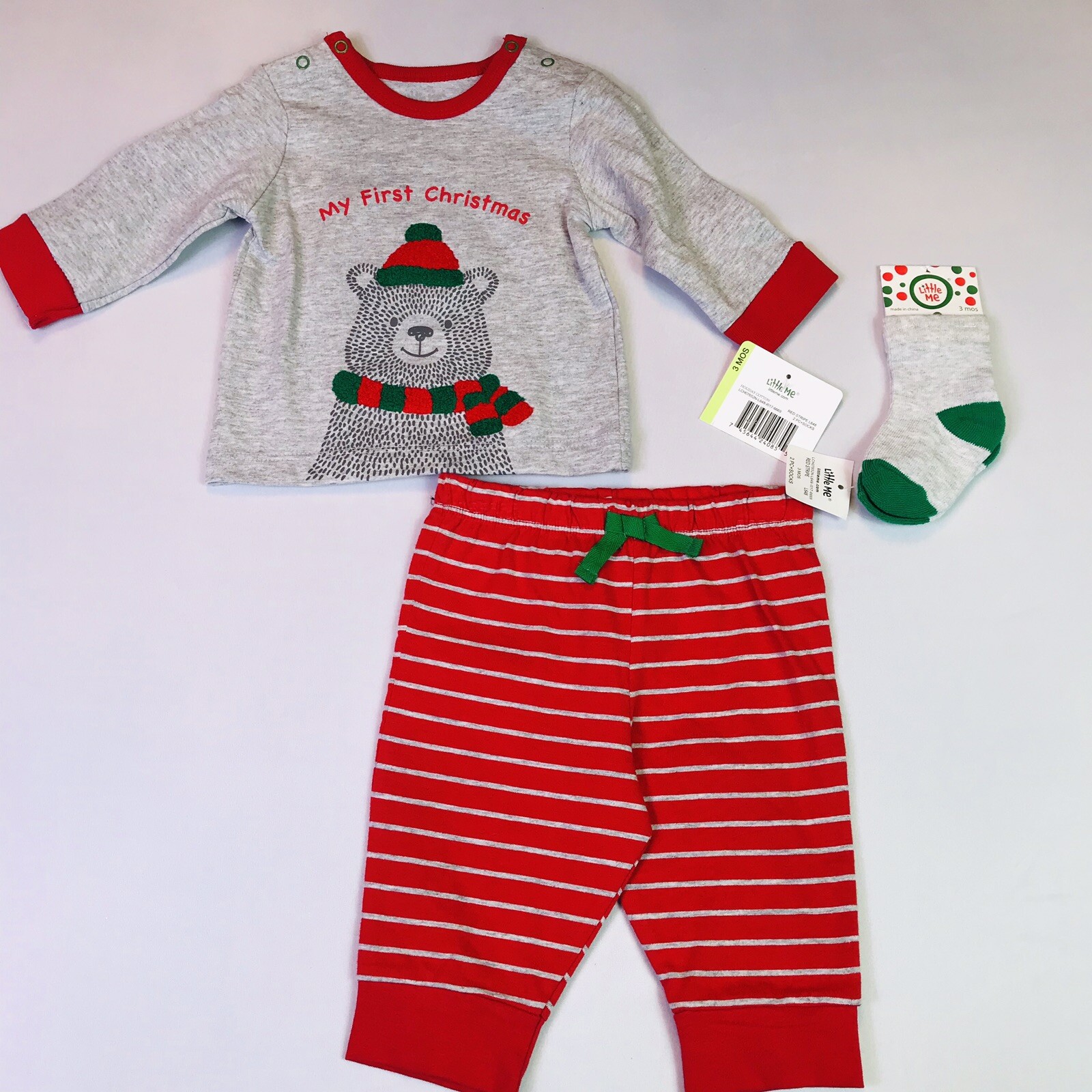 Little Me Baby Unisex 3-pc Outfit MY FIRST CHRISTMAS 3M, 6M Pants, Shirt, Socks