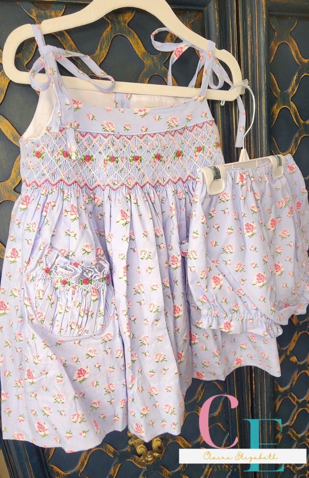 Girls Custom Hand Smocked & Embroidered Floral Bloomer Set Size 12M