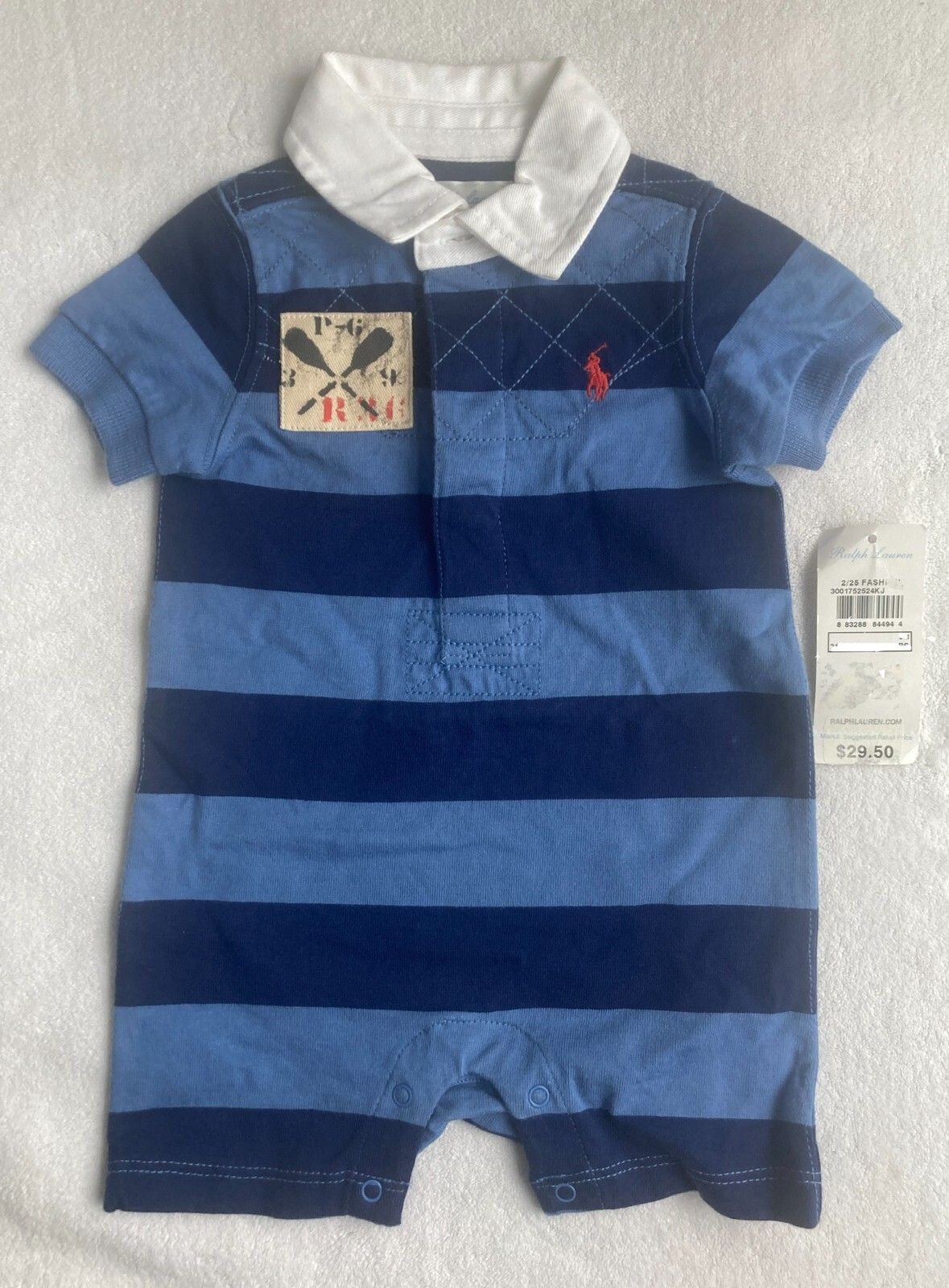 Polo Ralph Lauren 1 Piece Shortall Romper~Blue/Navy Stripe~Rugby Style~6M~NWT