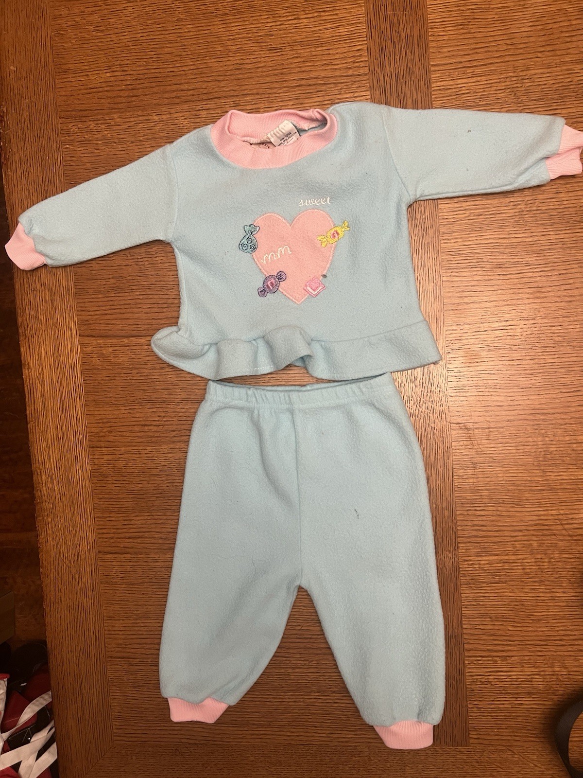 Vintage Hush Puppies Pups Baby Fleece 2pc Set Size 12M Aqua Pink Sweet Heart