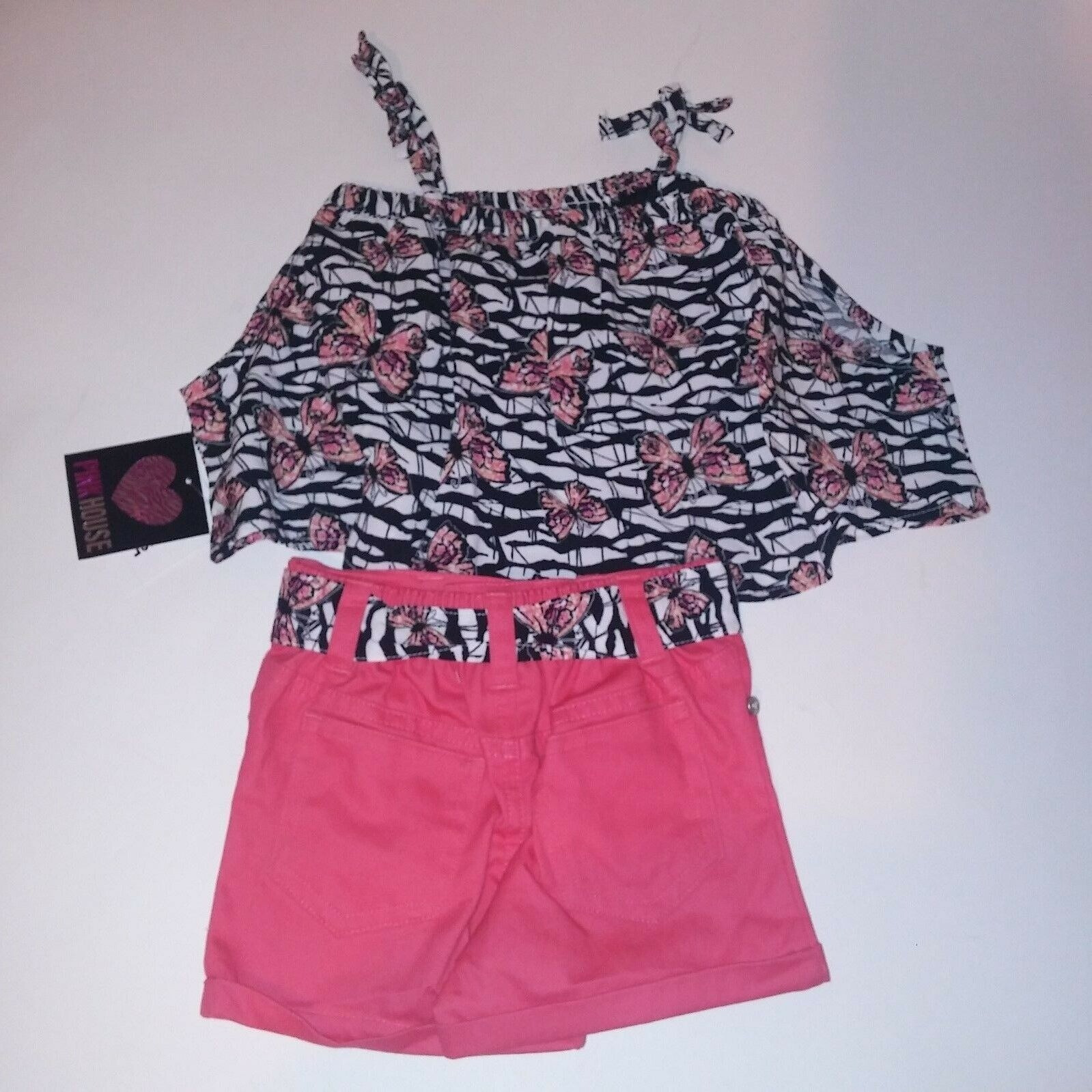 Pink House Toddler Outfit 2 Piece Set Coral Black Butterflies Tank Shorts Kids