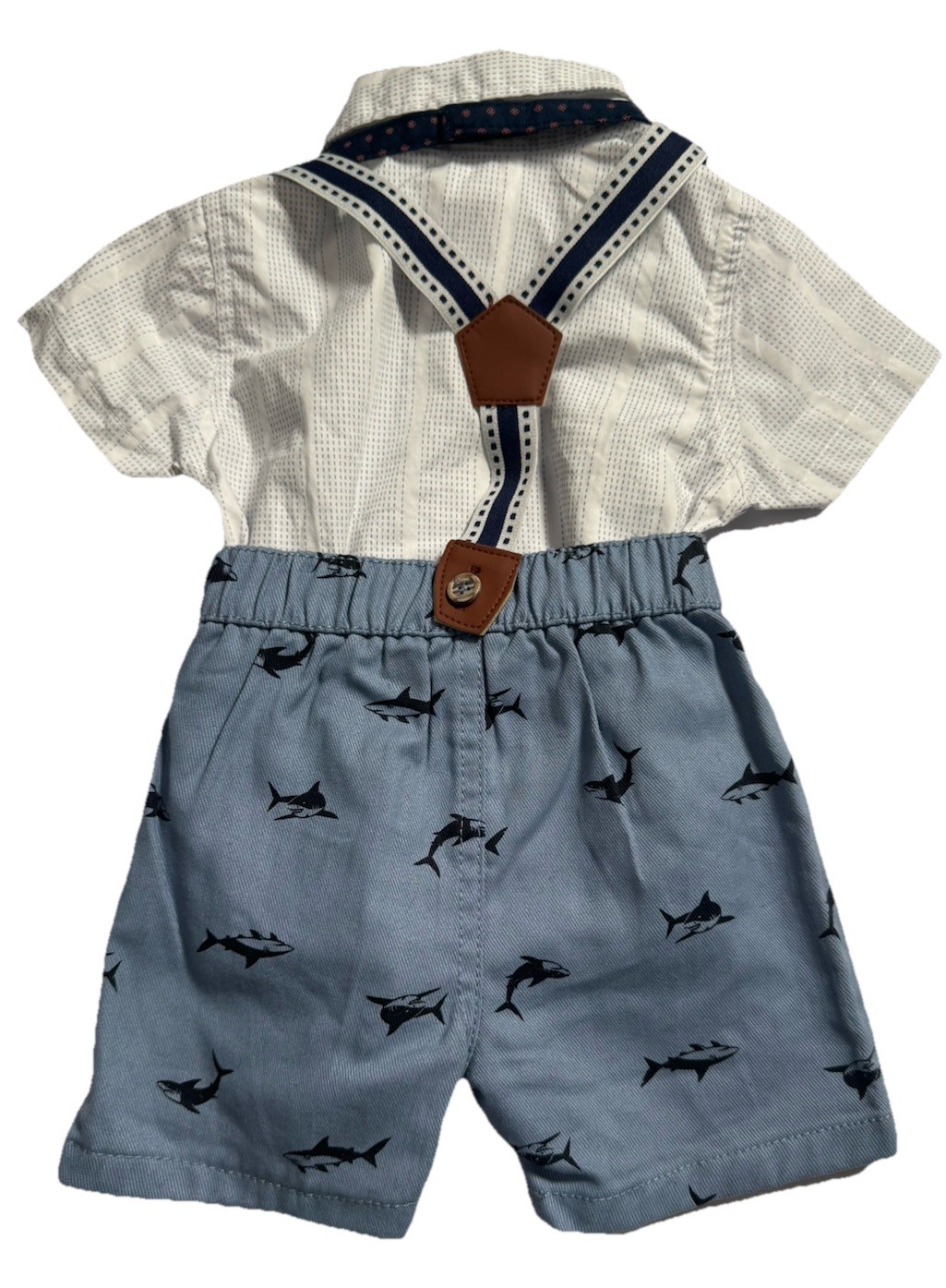 Little Lad Baby Boys Shark Suspender Romper Outfit Blue White Size 6-9M