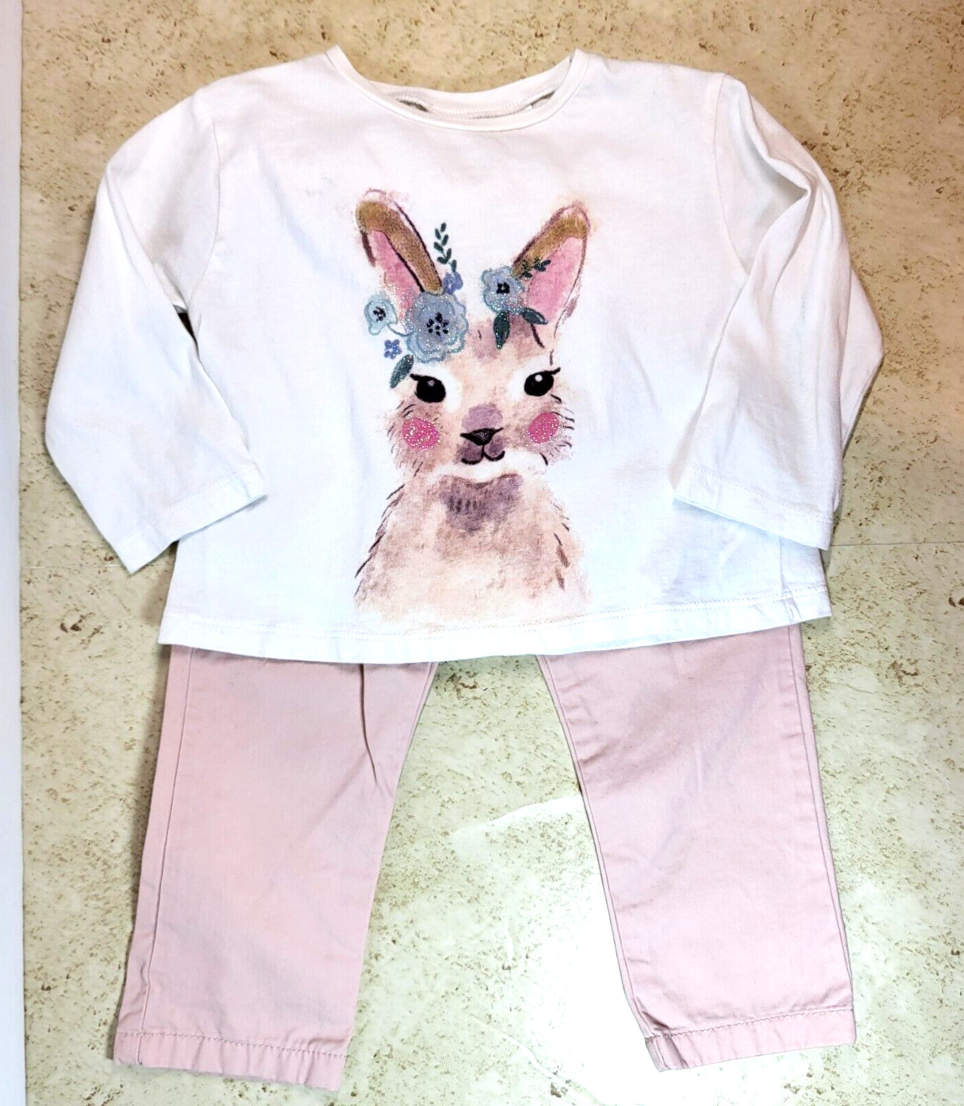 Zara Baby Collection Bunny Long Sleeve TShirt Dusty Pink Pleated Pant Set 12-18M
