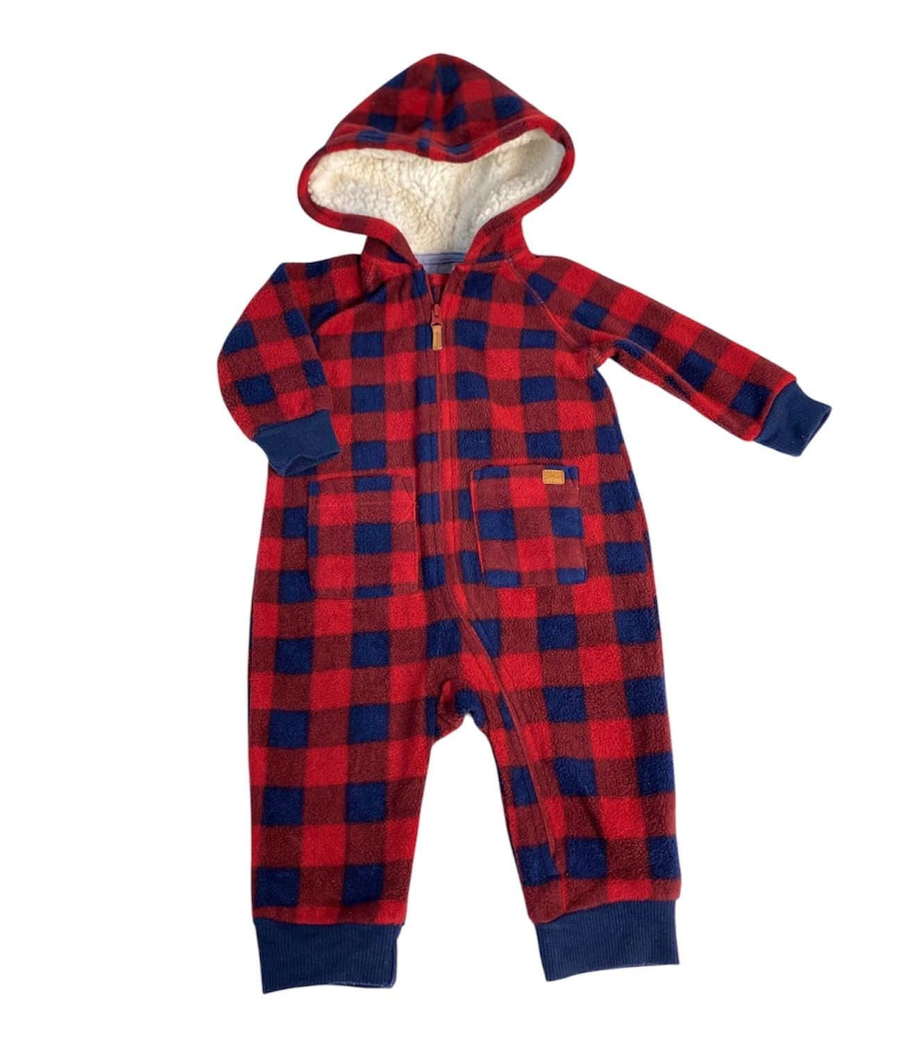 7 For All Mankind Baby 3/6 Month Red Navy Plaid Hooded Soft Fleece Zip Jumpsuit
