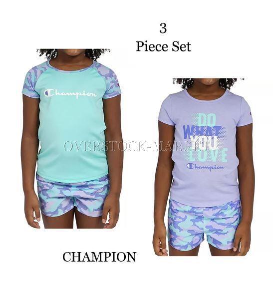 NEW GIRLS CHAMPION 3 PIECE ACTIVE SHORT SET! 2 TOPS & 1 SHORT! VARIETY OF STYLES